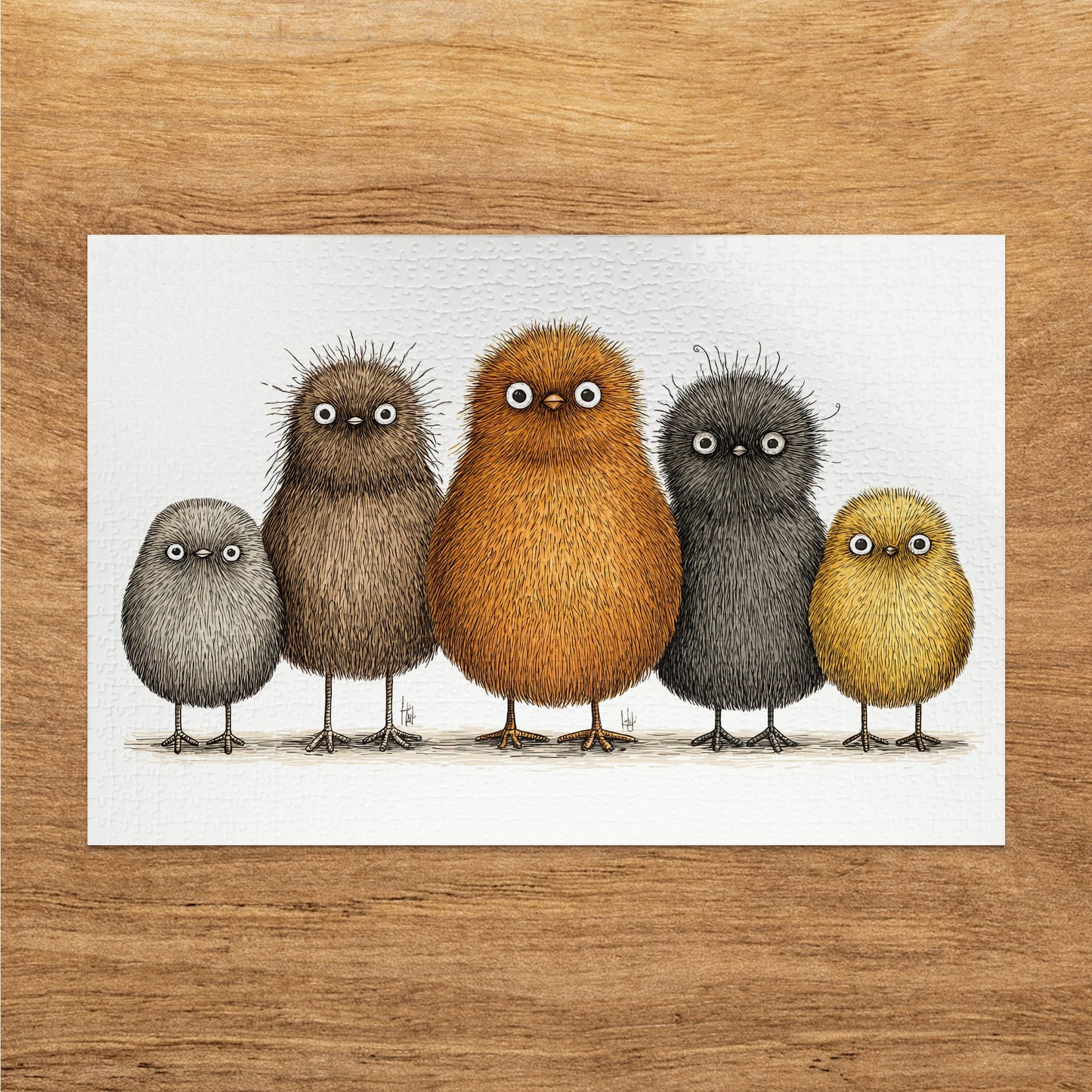 Five fluffy, stylized birds of varying sizes and colors stand in a row.