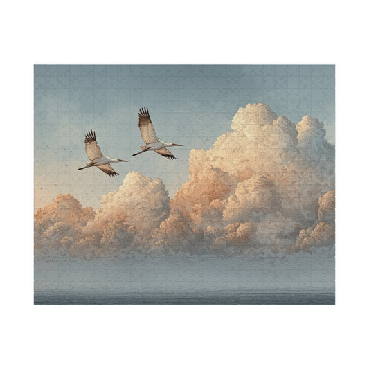 Soaring Cranes Over Cloudscape Jigsaw Puzzle — Calming Sky Art Puzzle 520/1014 pcs)