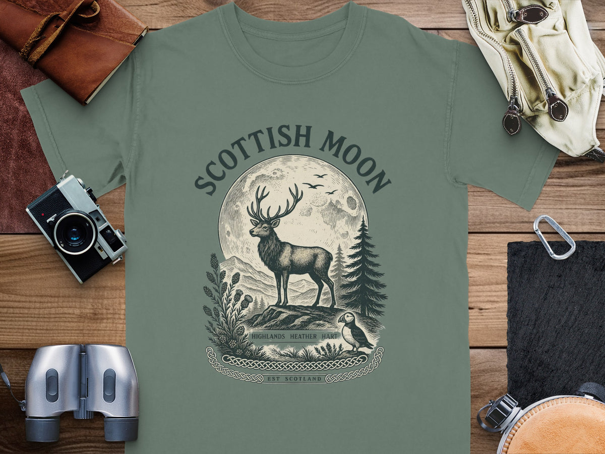 T-shirt with a Scottish Moon graphic featuring a stag, puffin, and Celtic knotwork.