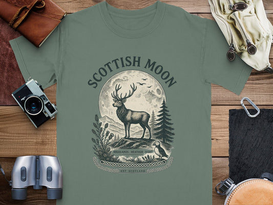 T-shirt with a Scottish Moon graphic featuring a stag, puffin, and Celtic knotwork.