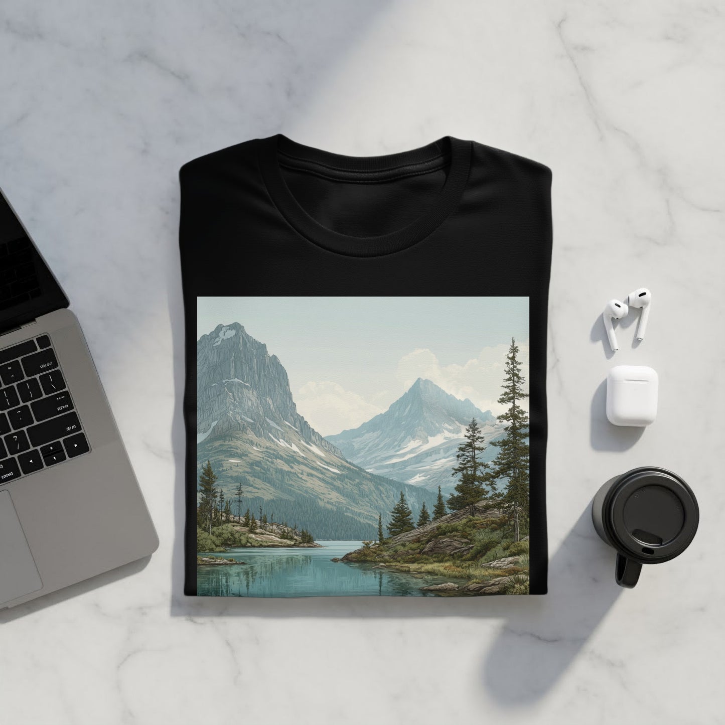 Scenic Mountain and Lake Graphic T-shirt Product