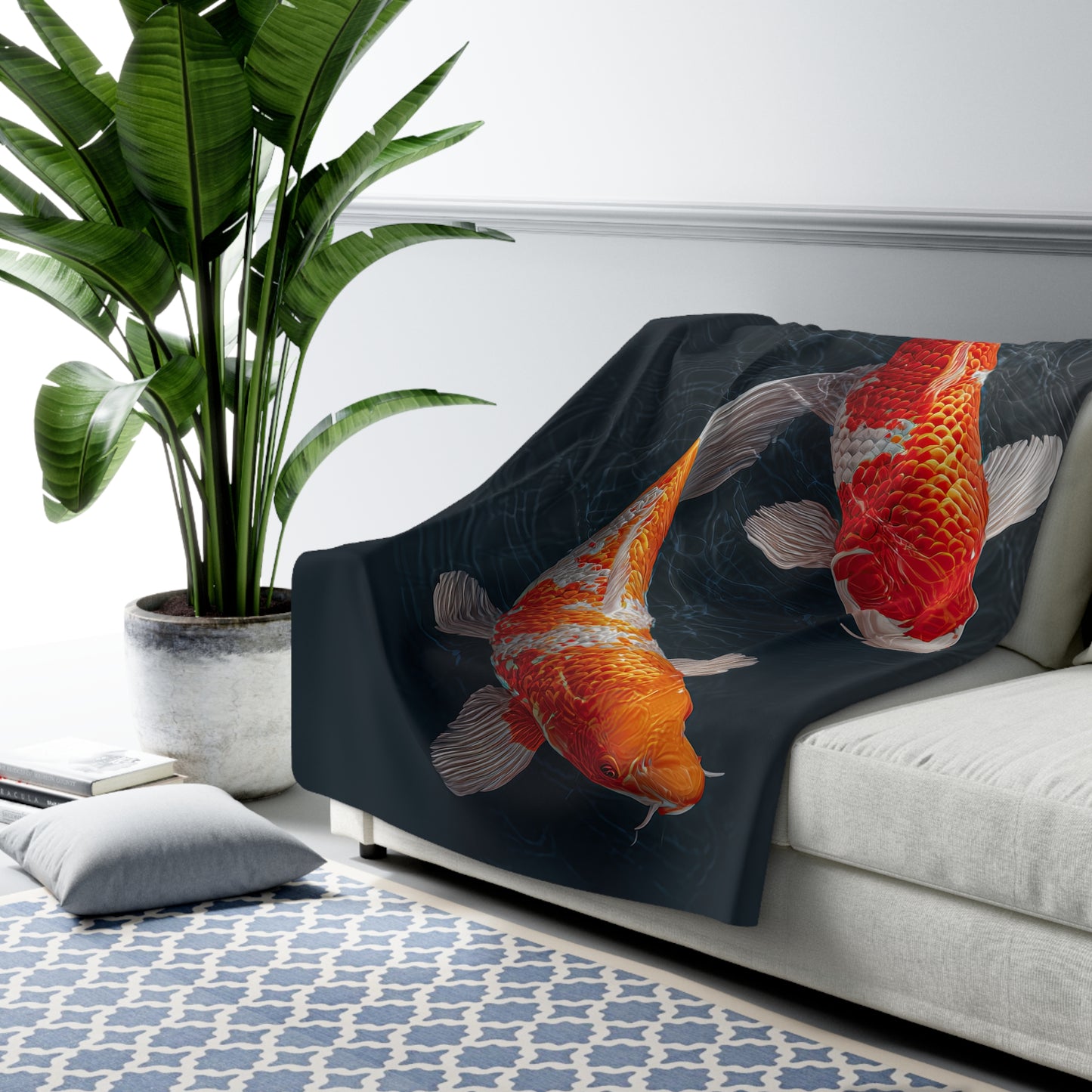 Koi Pond sherpa fleece blanket — Japanese koi fish design, zen home decor, meditation gift, soft throw