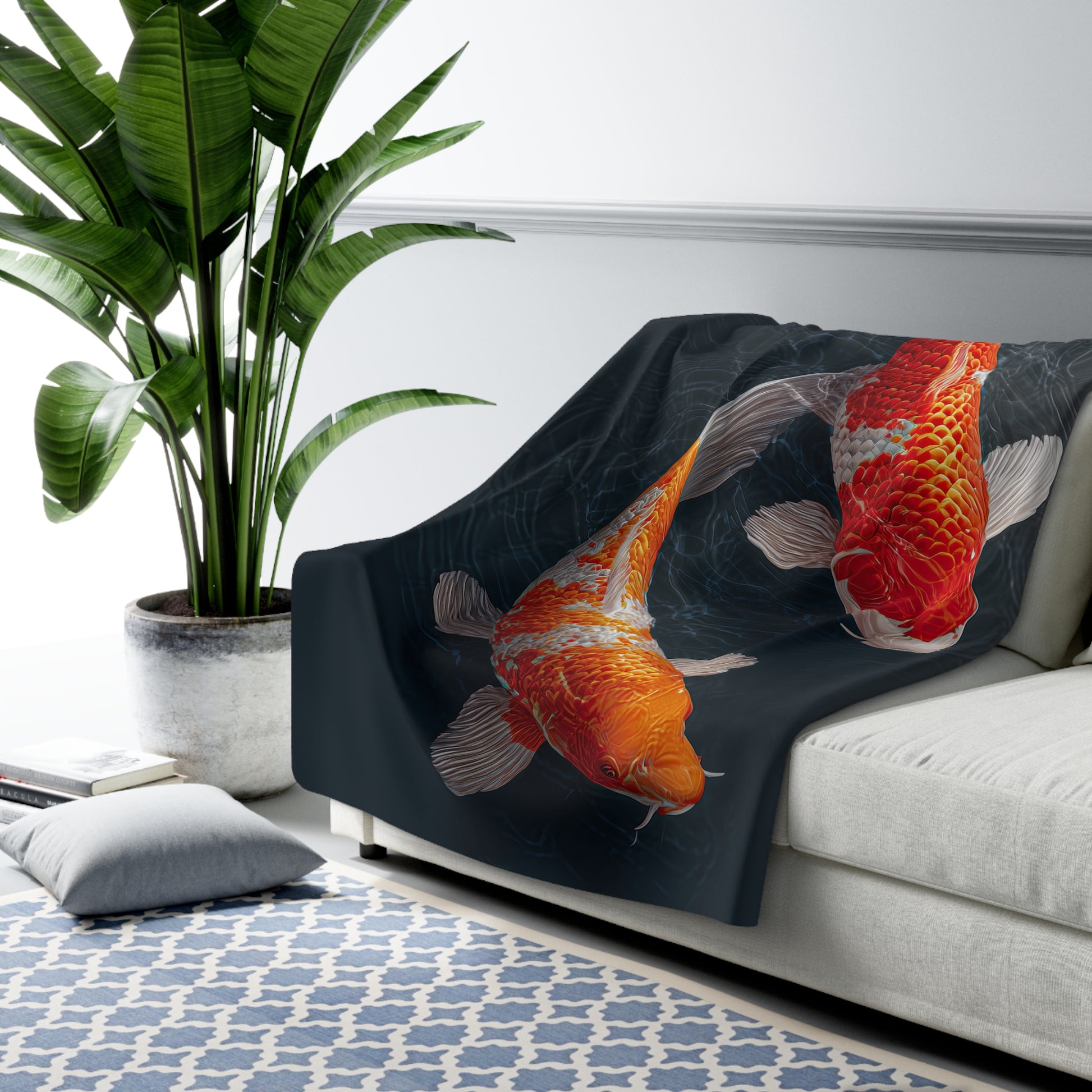 Koi Pond sherpa fleece blanket — Japanese koi fish design, zen home decor, meditation gift, soft throw