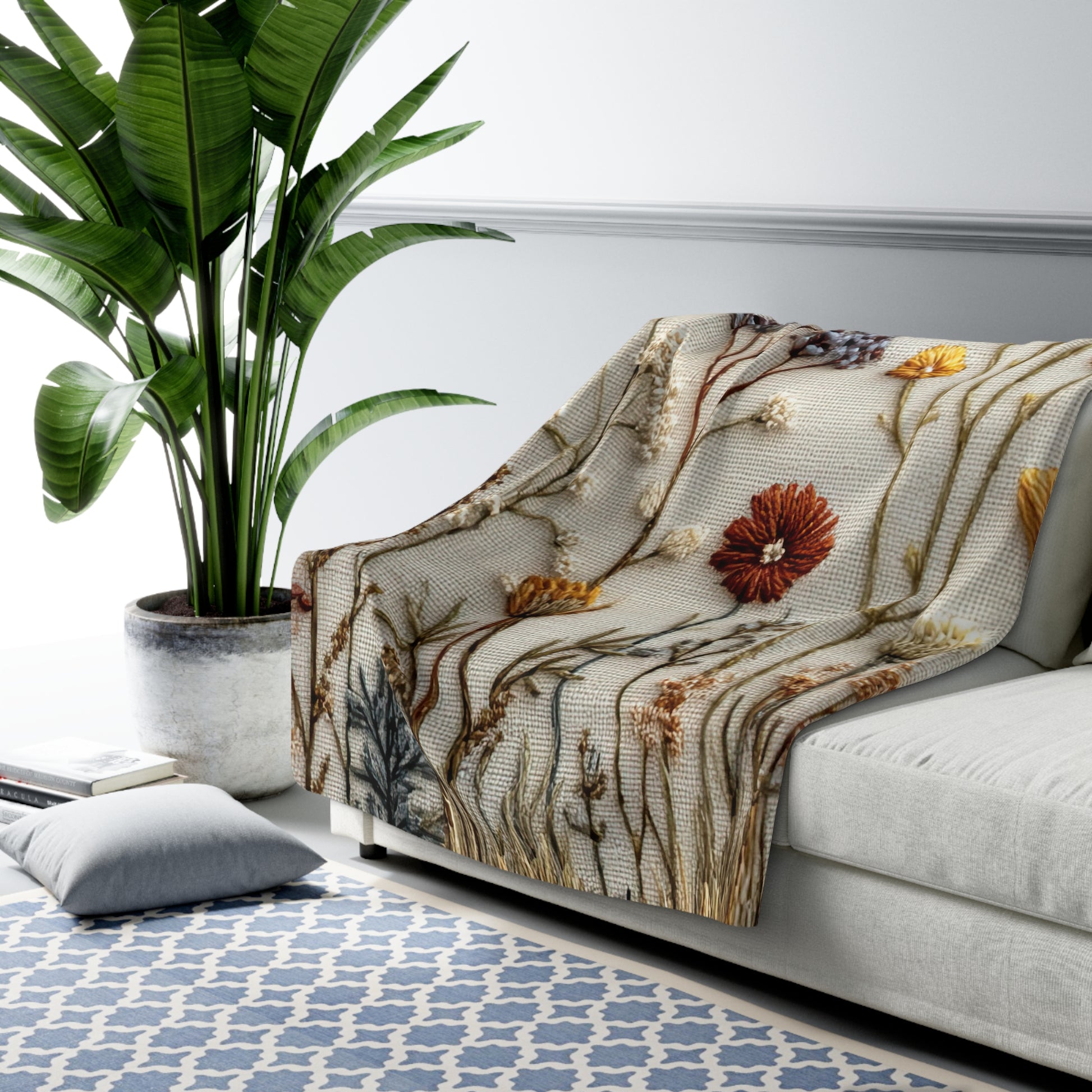 Botanical Embroidered Wildflower sherpa blanket — soft floral fleece throw, boho home decor, housewarming gift