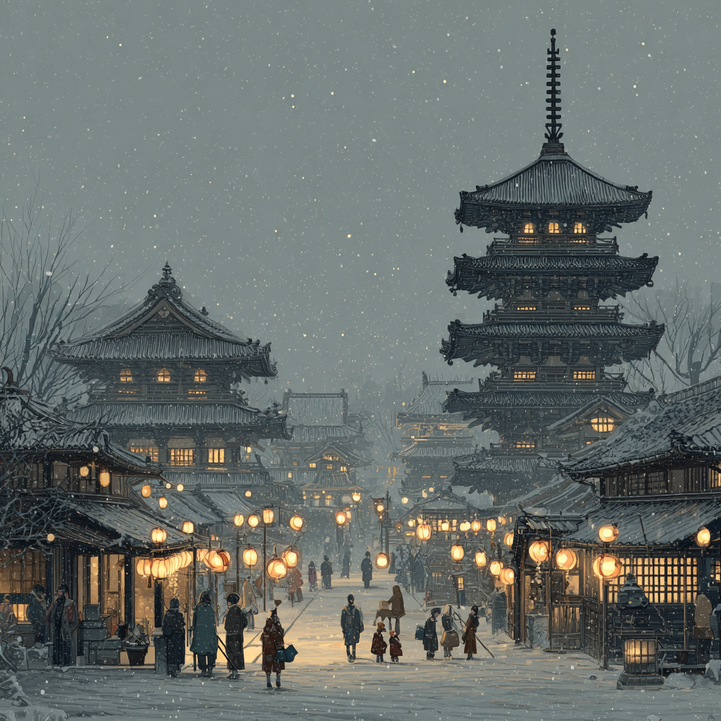 Stunning Japanese Winter Scene Town Square Art Decor