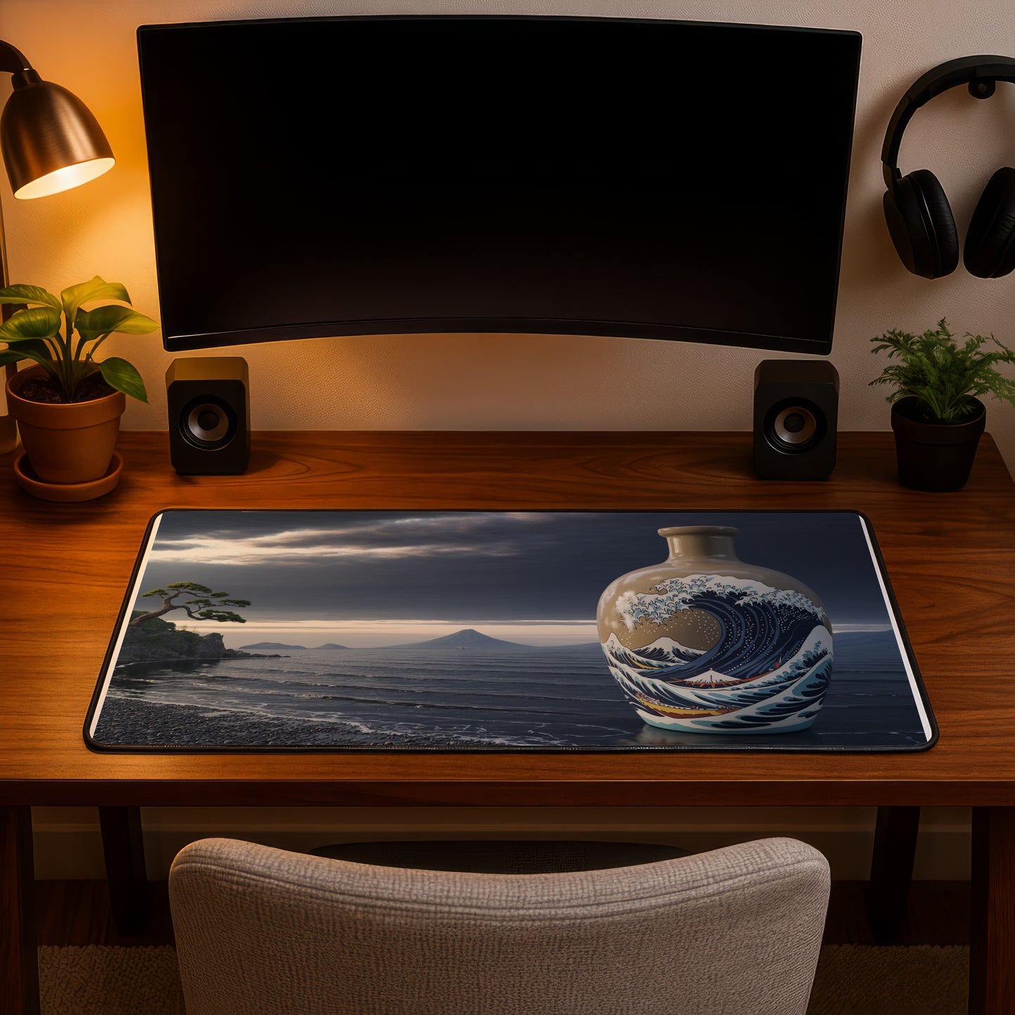 Desk mat with Hokusai's Great Wave off Kanagawa and a mountain scene.