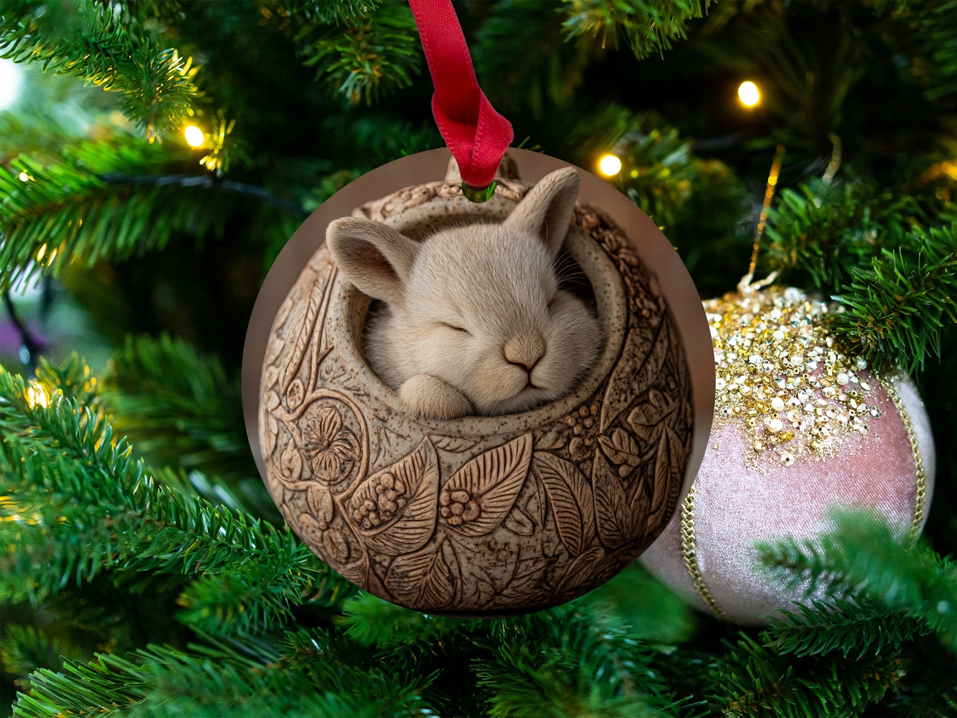 Adorable Bunny in Carved Ornament Christmas Decoration