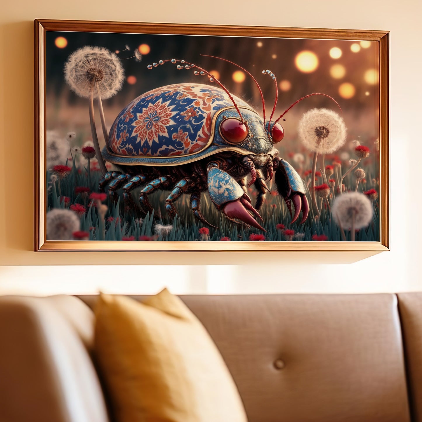 Ornate, beetle-like creature with blue and red patterns in a field of dandelions.