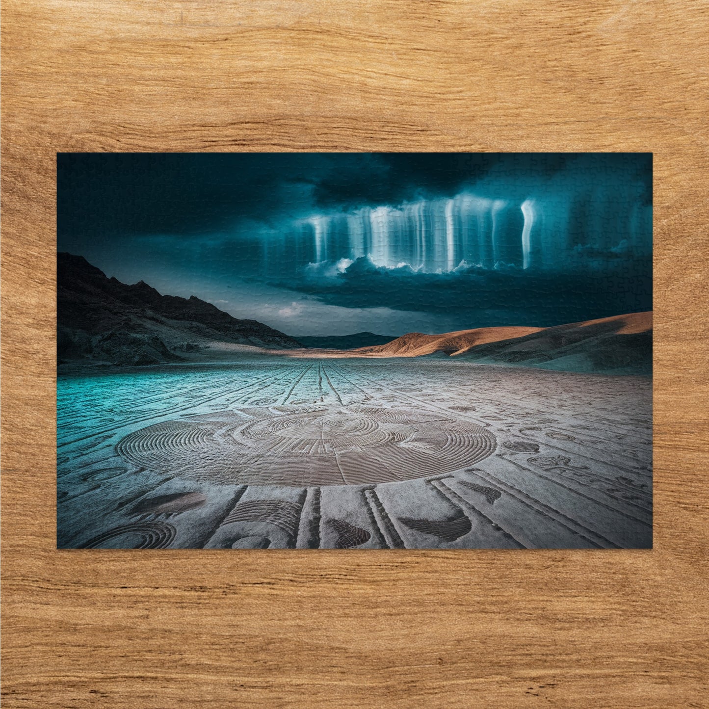 Desert landscape with intricate sand patterns under a dramatic sky with light pillars.