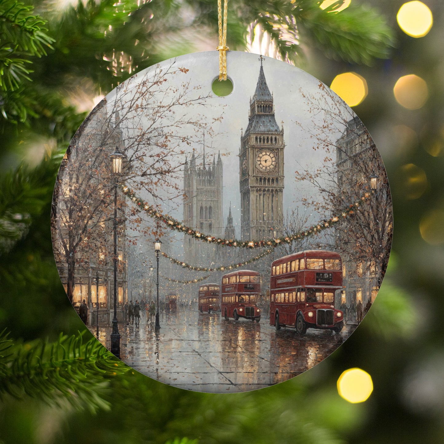 London Big Ben and Red Buses Christmas Ornament