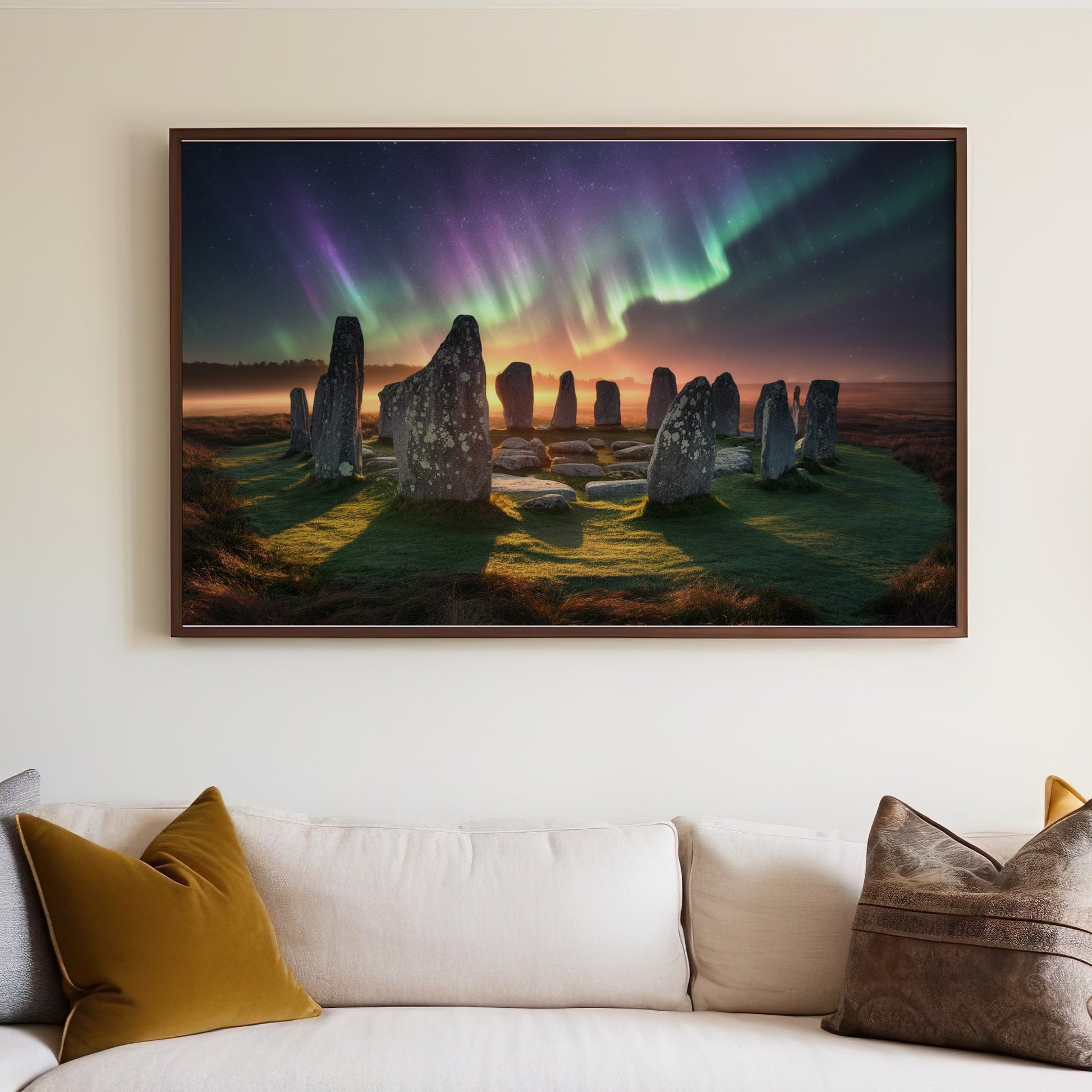 Stonehenge prehistoric monument under a colorful aurora borealis sky.