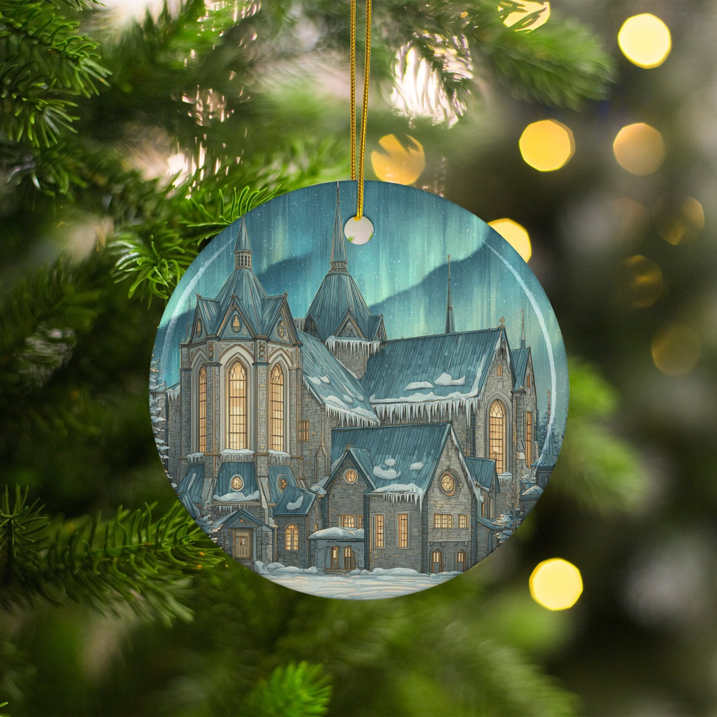 Beautifully Illustrated Holiday Church Scene Ornament