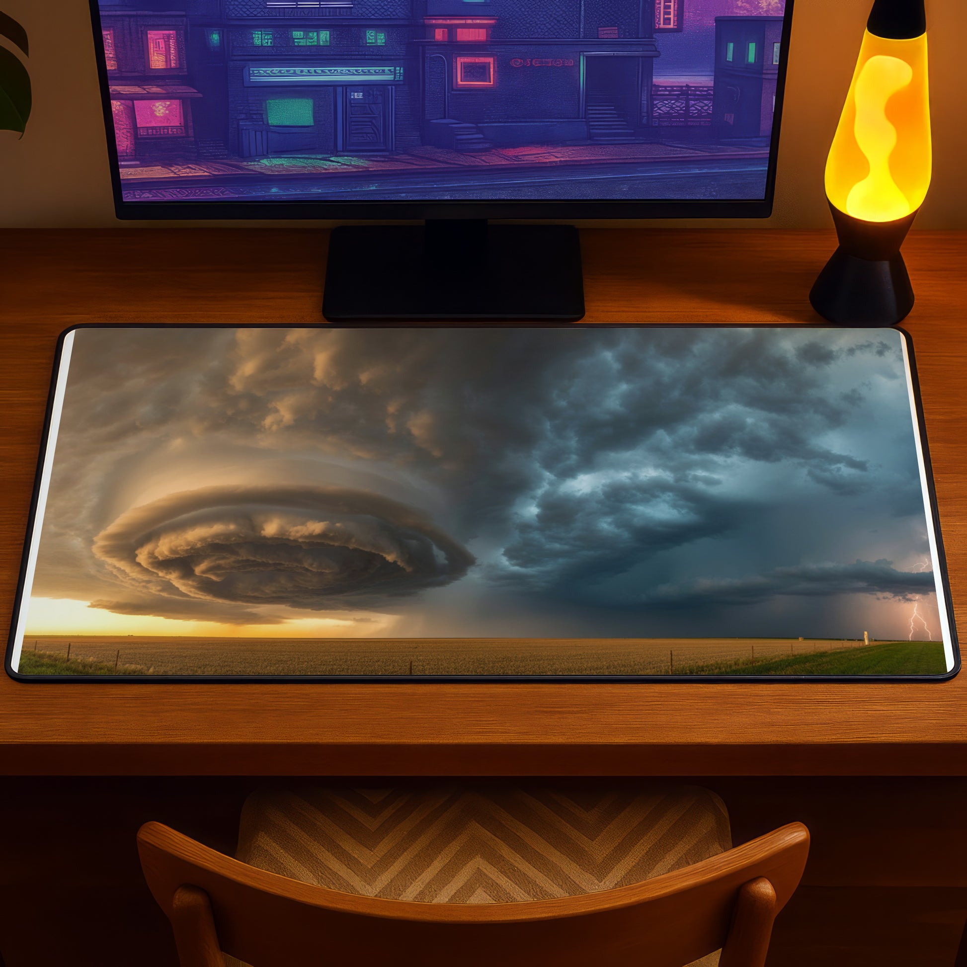 Panoramic view of a wall-like cloud formation over a field with lightning.