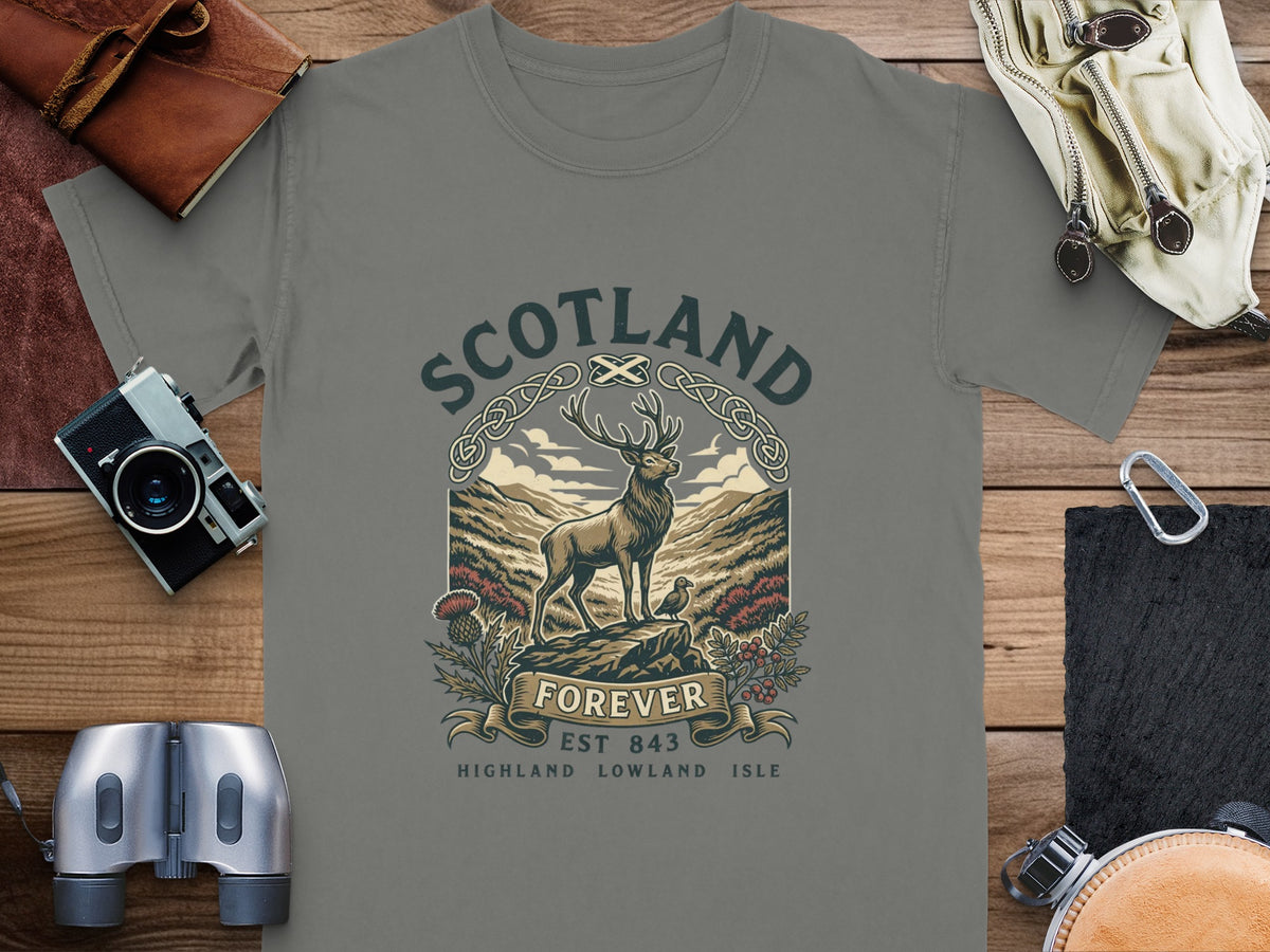 T-shirt with Scotland Forever graphic featuring stag, bird, thistle, and mountains.