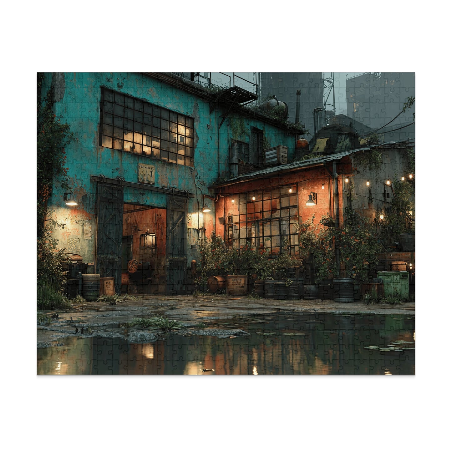 Grungy industrial building with glowing windows and barrels reflecting in puddles.