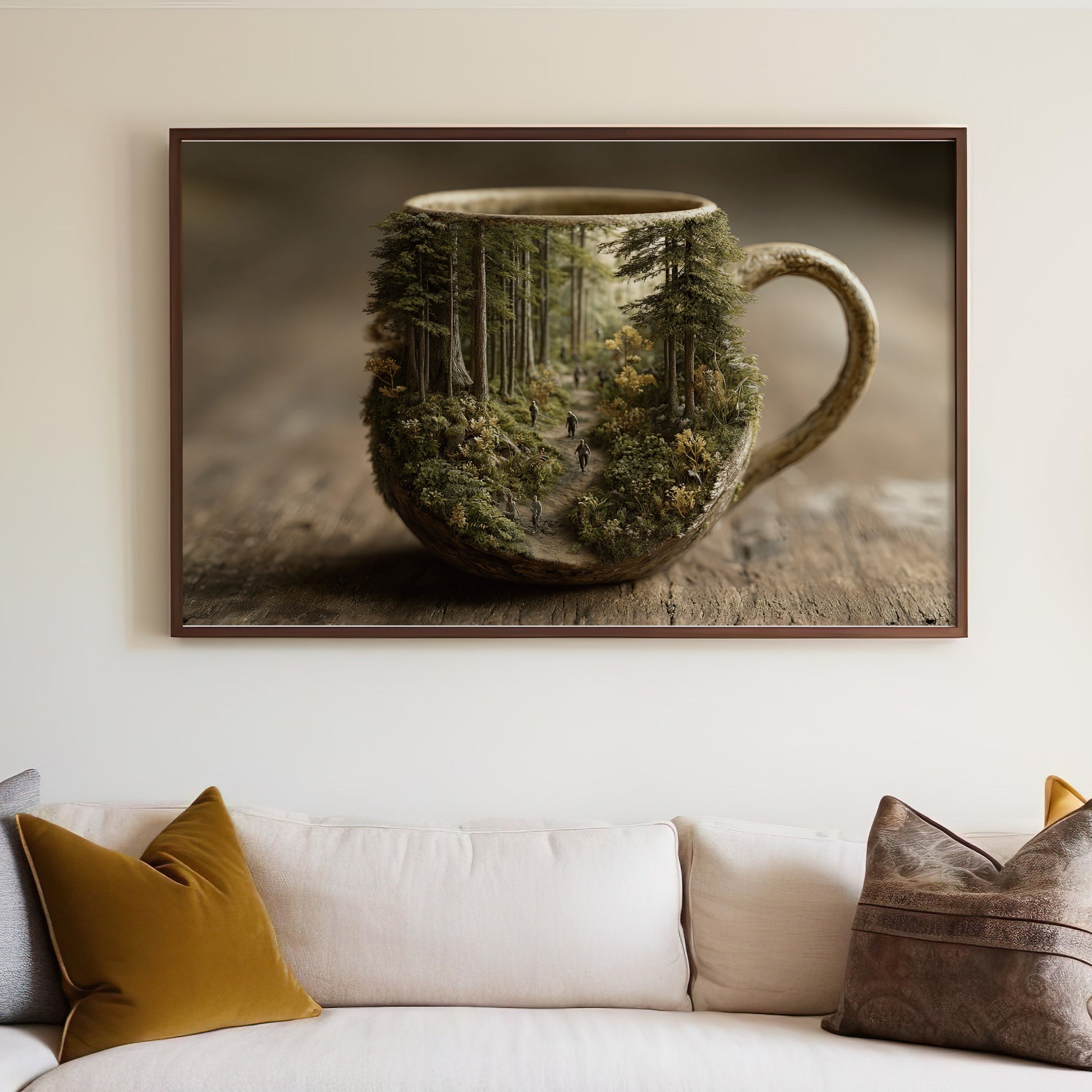 Forest landscape inside a textured mug on a wooden surface.