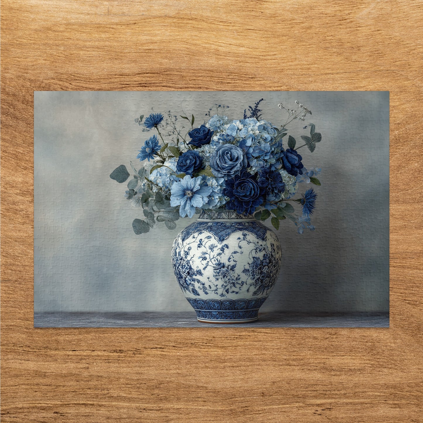 Elegant Blue Floral Arrangement in Decorative Vase Puzzle