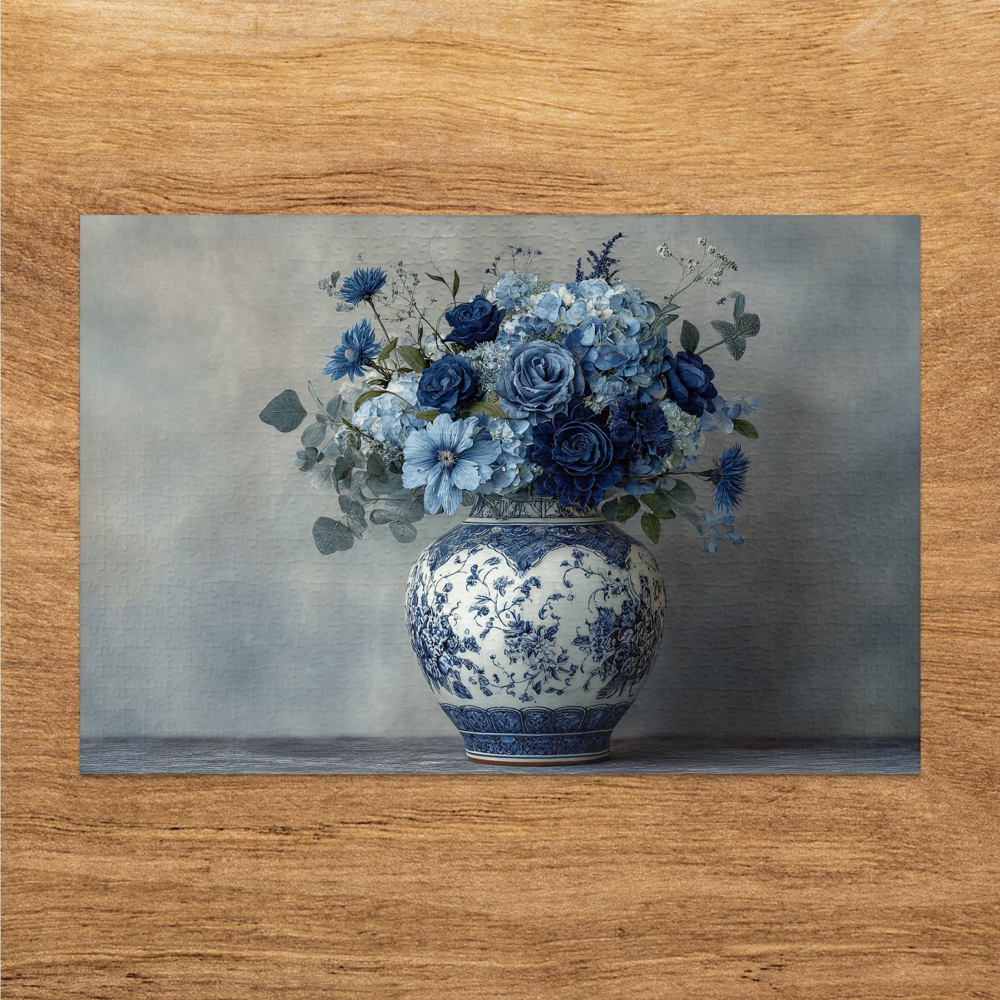 Elegant Blue Floral Arrangement in Decorative Vase Puzzle