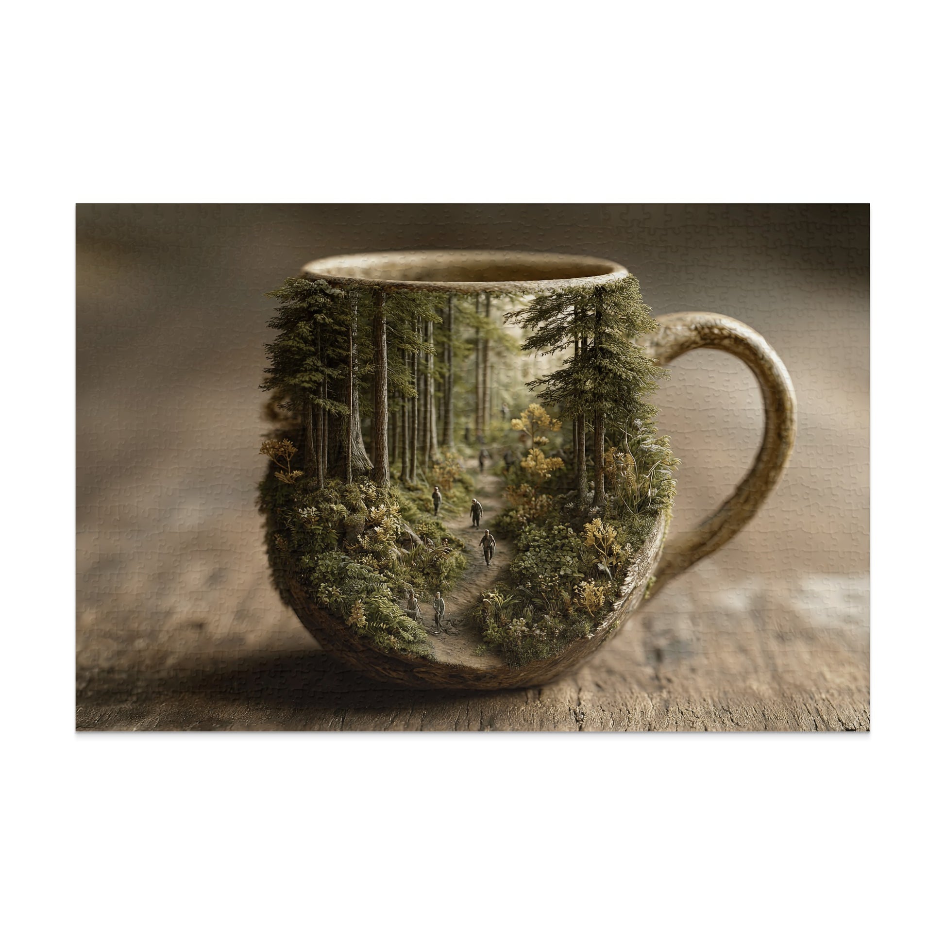 Forest scene with hikers inside a ceramic mug on a wooden table.