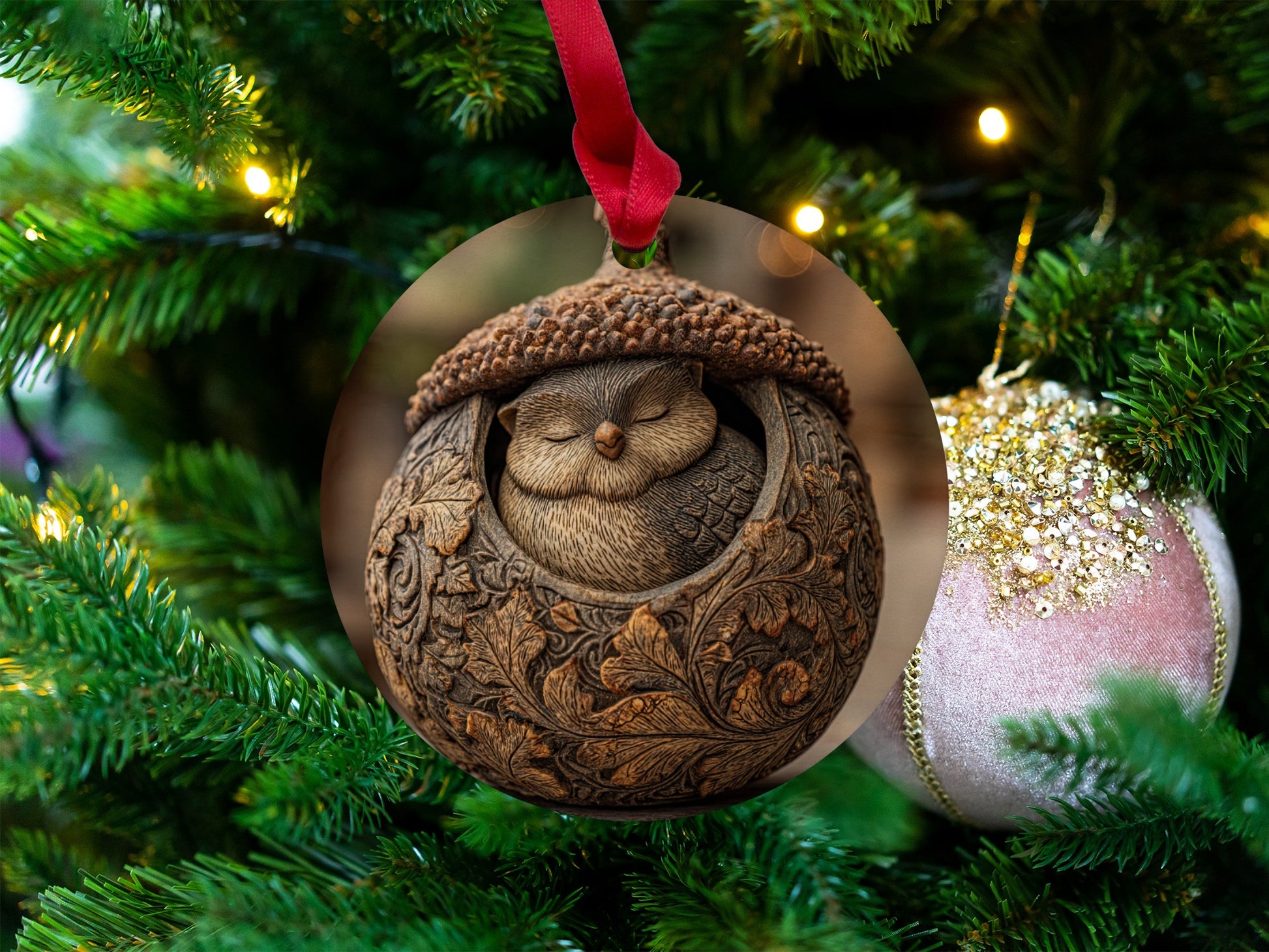 Whimsical Owl in Acorn Holiday Ornament Christmas Decor