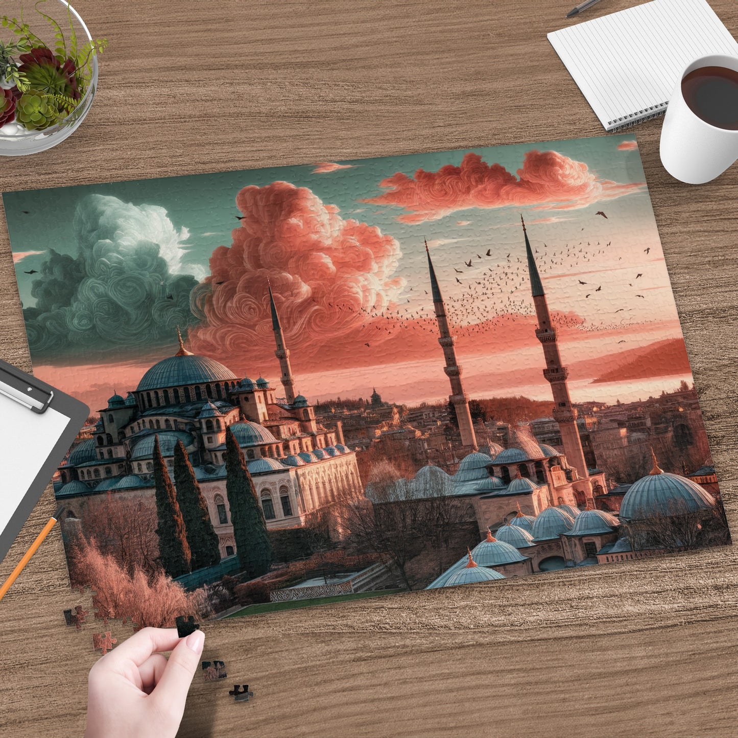 Puzzle depicting Istanbul's Blue Mosque under a dramatic sunset sky with birds flying.