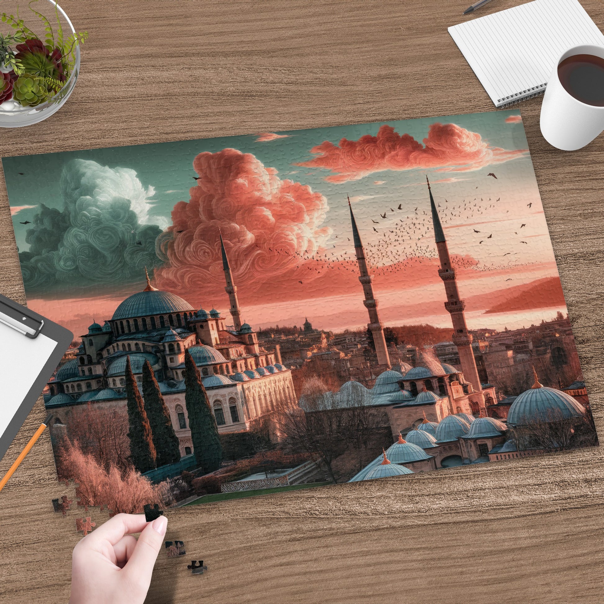 Puzzle depicting Istanbul's Blue Mosque under a dramatic sunset sky with birds flying.