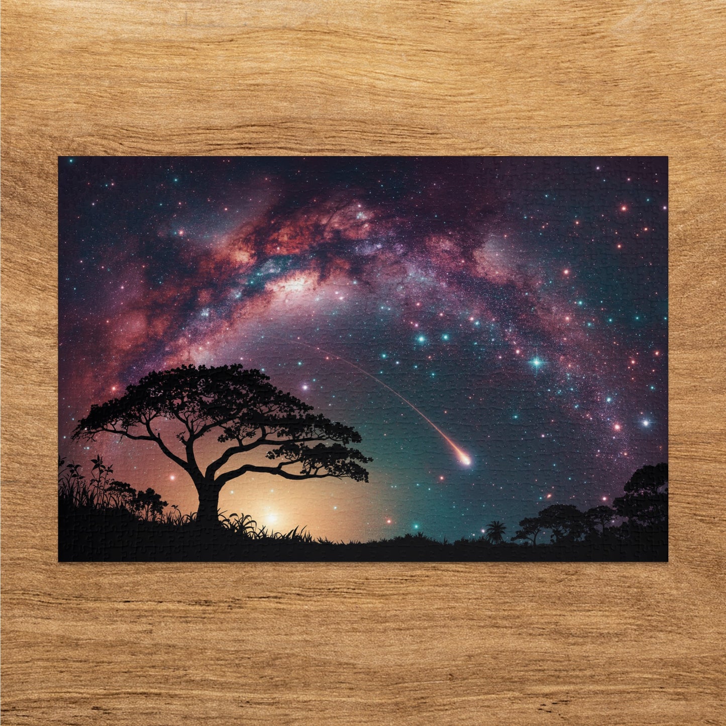 Silhouette of a tree under a colorful galaxy with a comet.