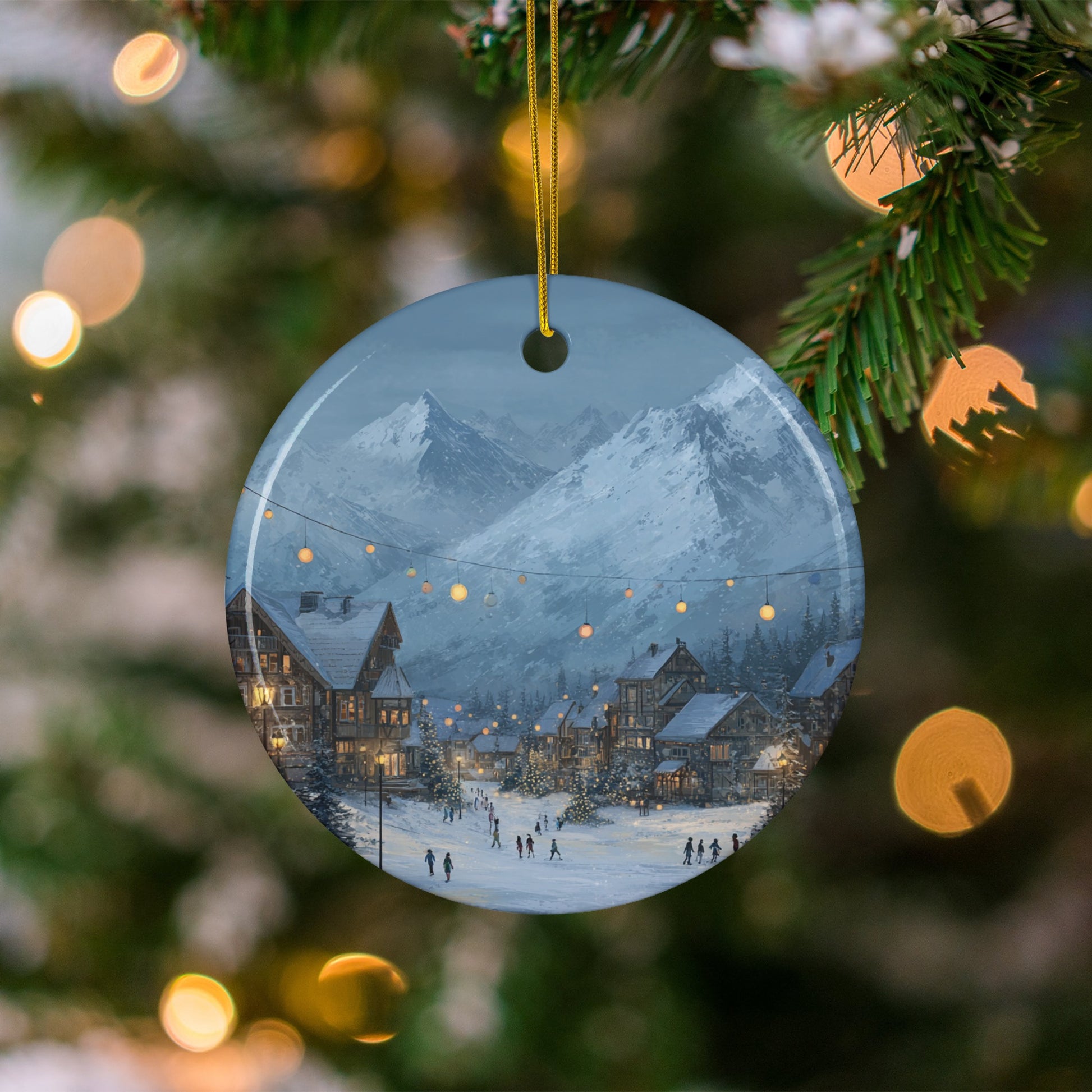 Snowy Mountain Village with Warm Lights Ornament