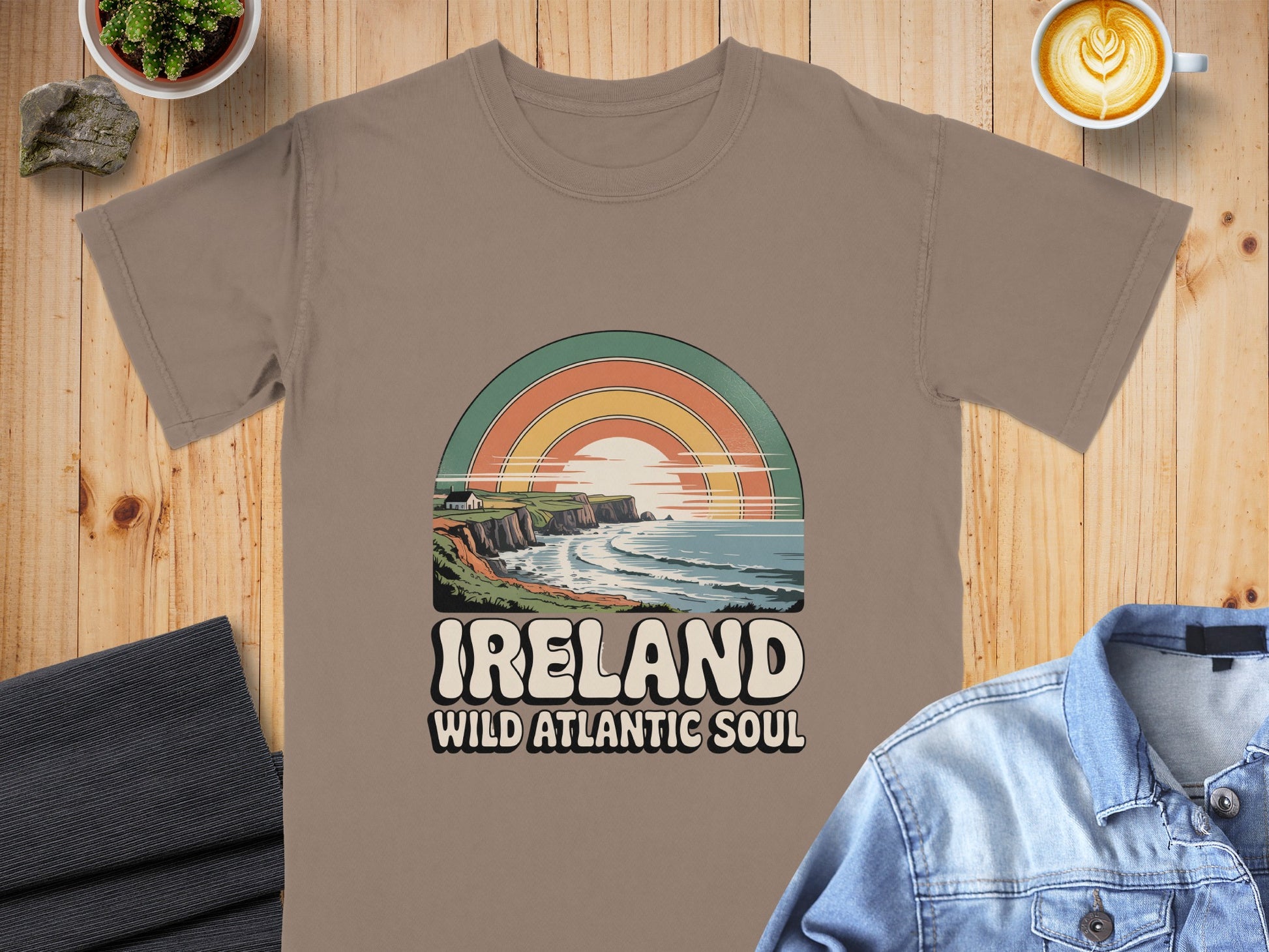 T-shirt with "IRELAND WILD ATLANTIC SOUL" text and Irish coastal graphic.
