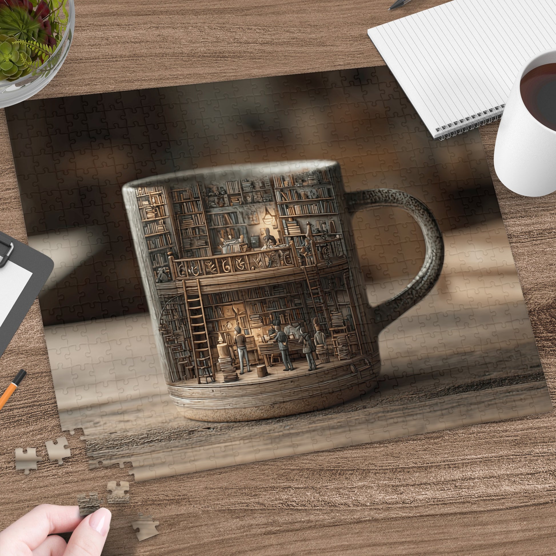 Puzzle shows a mug filled with a miniature library scene and shelves.