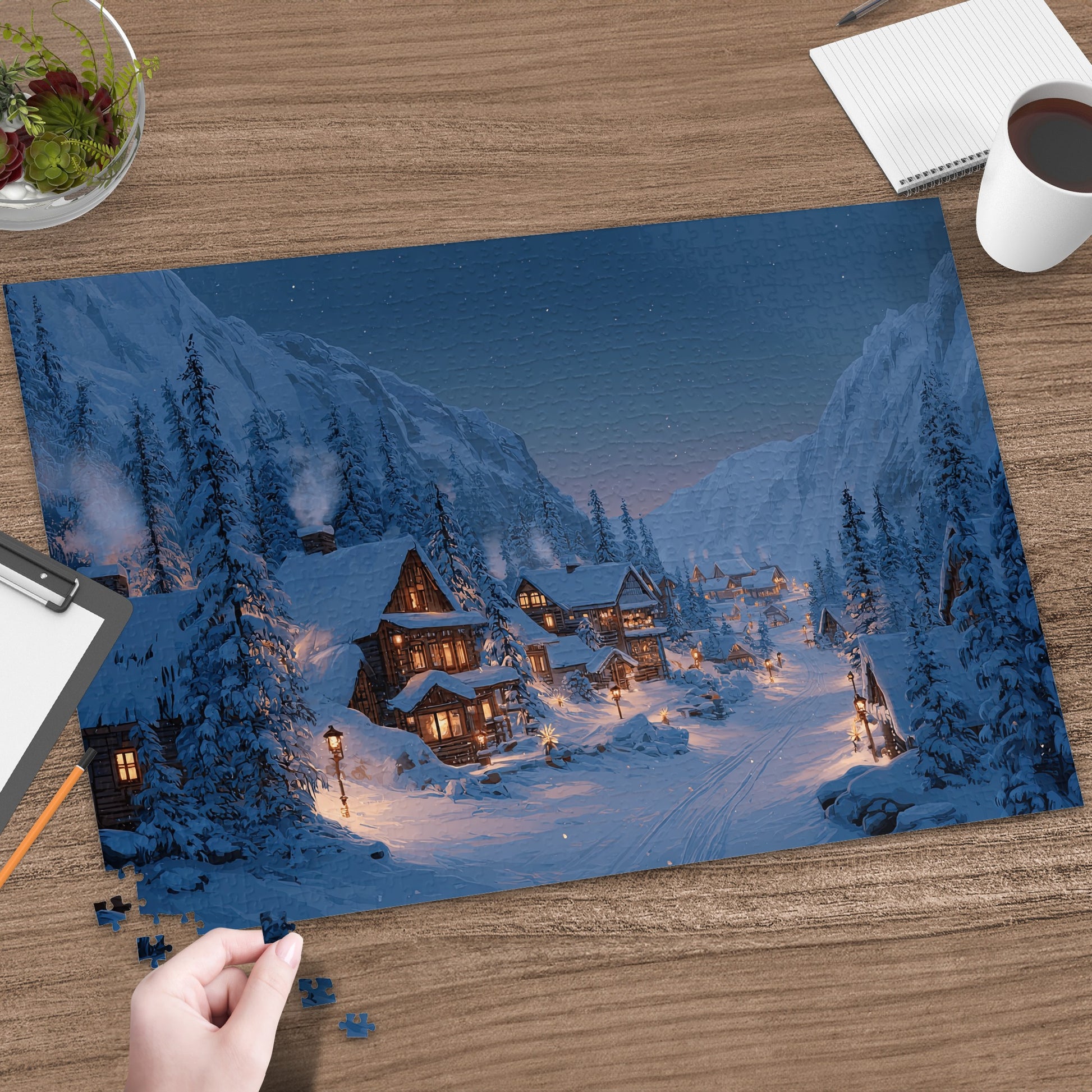 Winter Village Snowy Cabins Mountain Night puzzle
Winter scene
Village landscape
Snowy mountains
Cozy cabins
Night lights
Winter wonderland
Christmas theme
Alpine village
Scenic puzzle
Jigsaw puzzle
Relaxing hobby
Mountain view
Snow covered
Holiday gift
Festive art
Home decor
Adult puzzle
Family activity
Evening glow
Pine trees