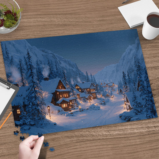 Winter Village Snowy Cabins Mountain Night puzzle
Winter scene
Village landscape
Snowy mountains
Cozy cabins
Night lights
Winter wonderland
Christmas theme
Alpine village
Scenic puzzle
Jigsaw puzzle
Relaxing hobby
Mountain view
Snow covered
Holiday gift
Festive art
Home decor
Adult puzzle
Family activity
Evening glow
Pine trees