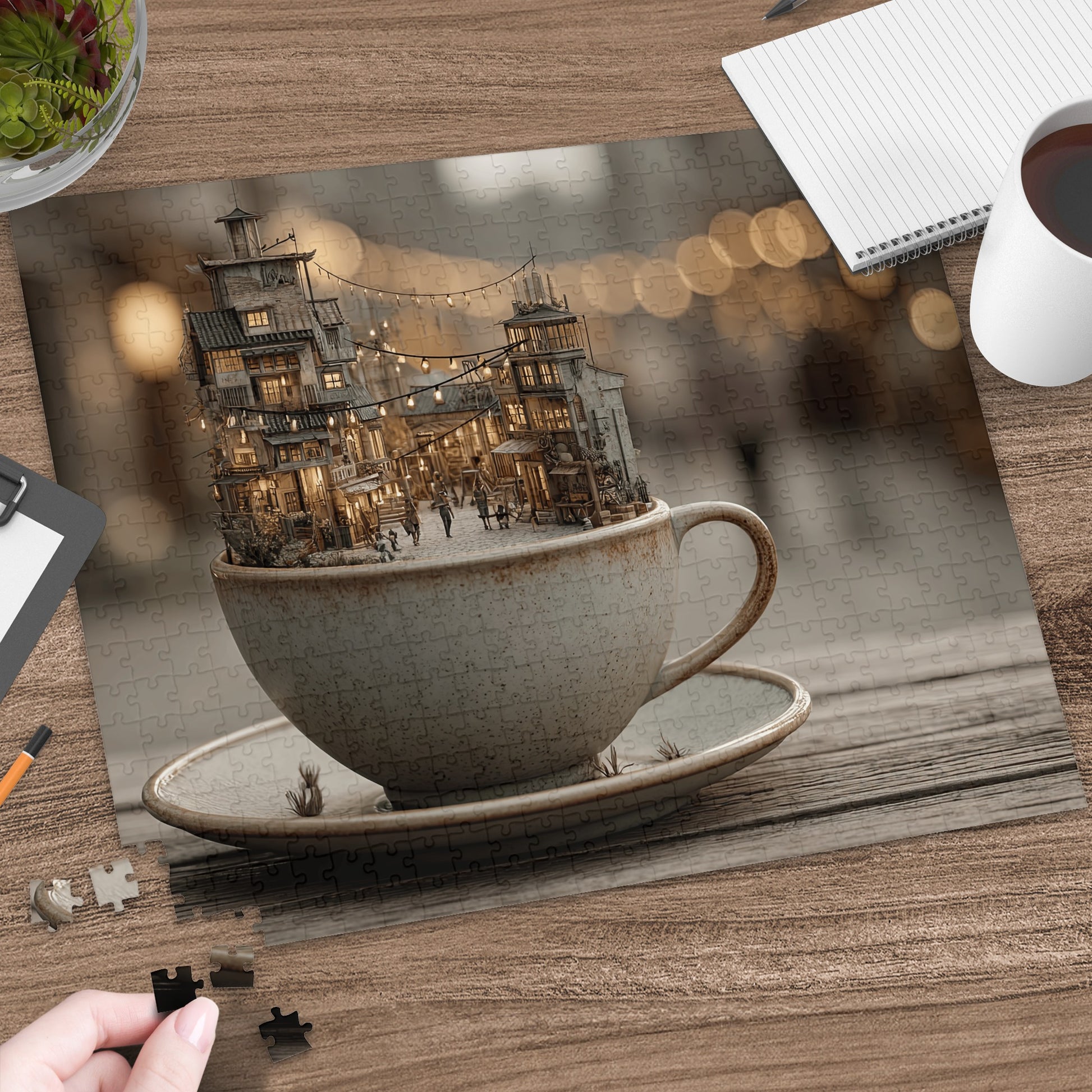 Miniature town scene with glowing lights inside a teacup on a wooden table.