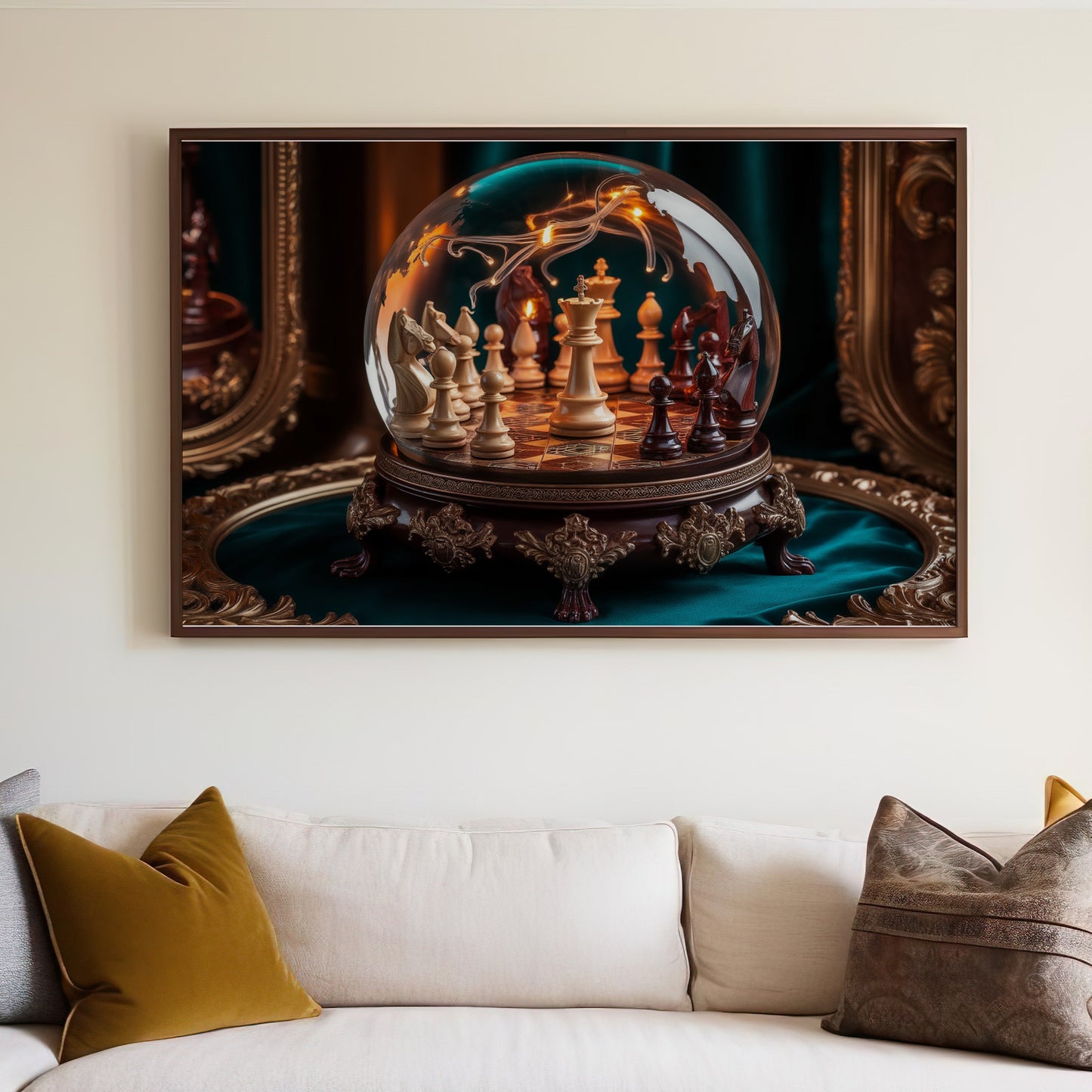 Chessboard in a glass dome with decorative lights and ornate frame.