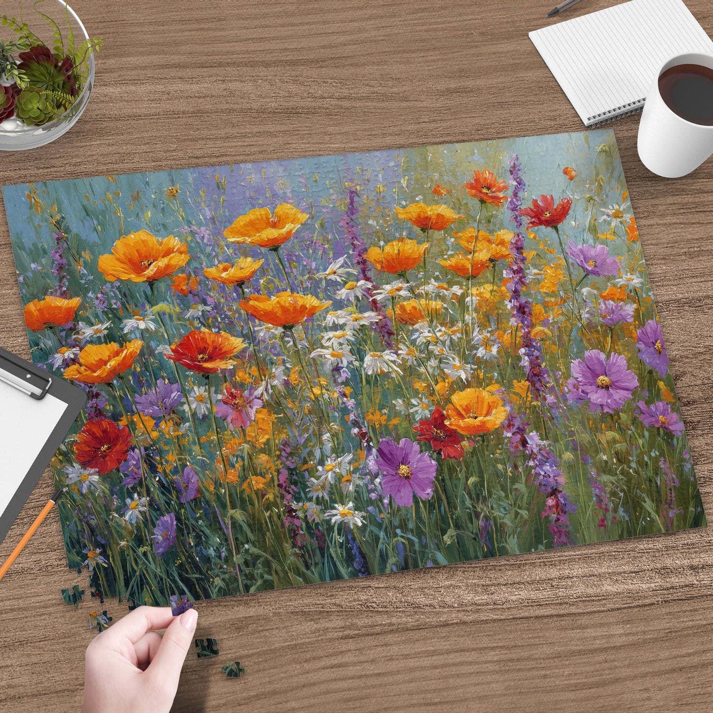 Painted jigsaw puzzle depicting a field of colorful wildflowers and poppies.