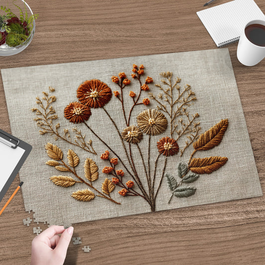 Intricate Puzzle Featuring Autumn Flower Embroidery Design