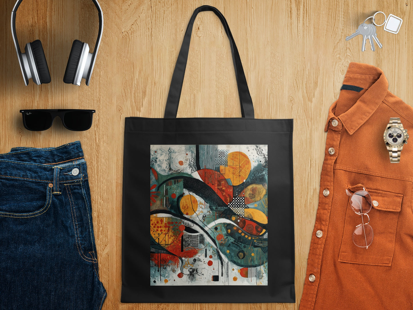 Abstract Modern Art Print Black Tote Bag product type
Tote Bag
Abstract Art
Modern Design
Colorful Print
Geometric Pattern
Vibrant Tote
Black Bag
Artistic Tote
Fashion Accessory
Everyday Carryall
Shopping Bag
Unique Gift
Statement Piece
Contemporary Art
Orange Accents
Green Tones
Yellow Circles
White Background
Dynamic Design
Creative Print