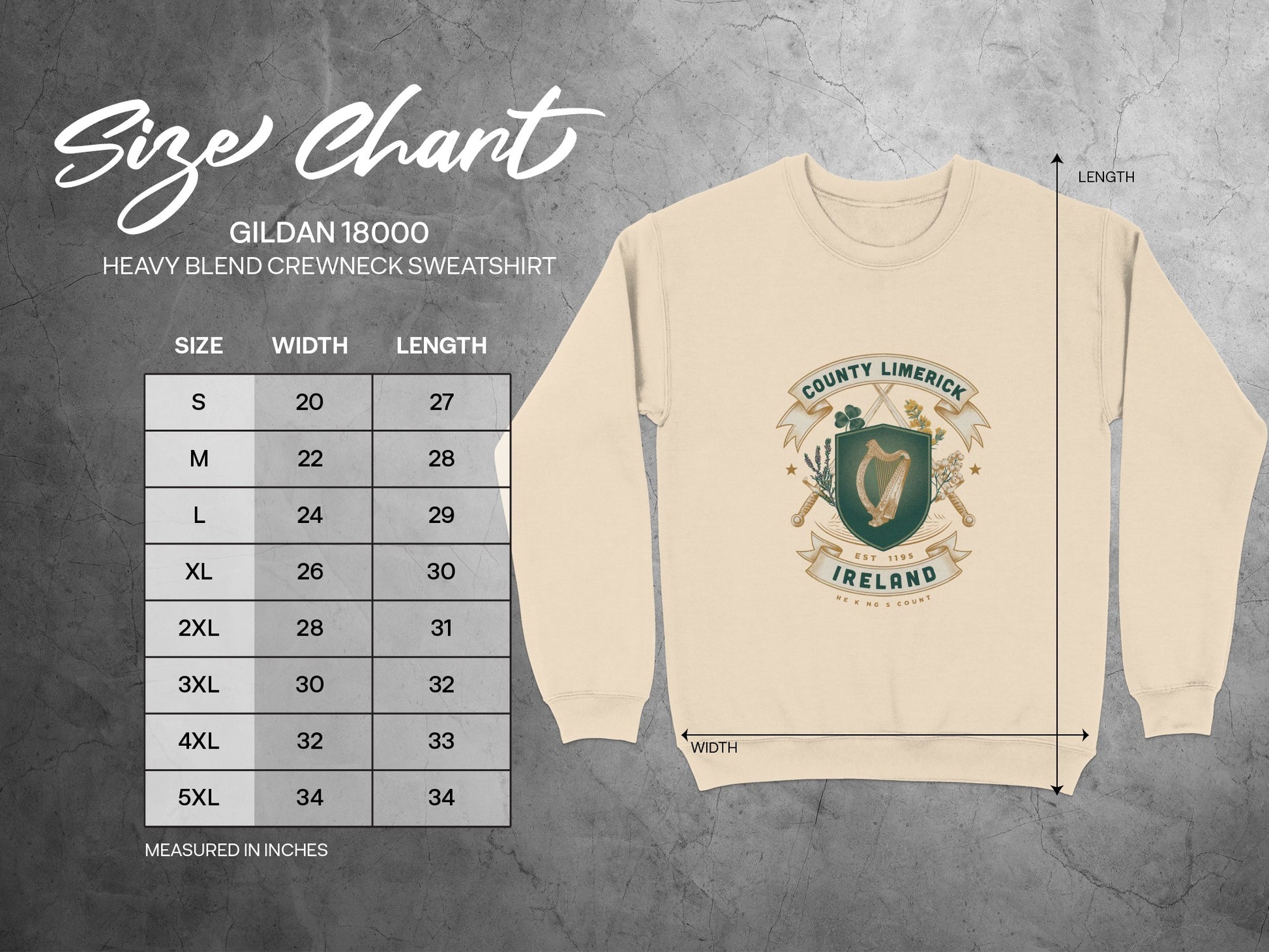 Gildan 18000 sweatshirt size chart with width and length measurements in inches.