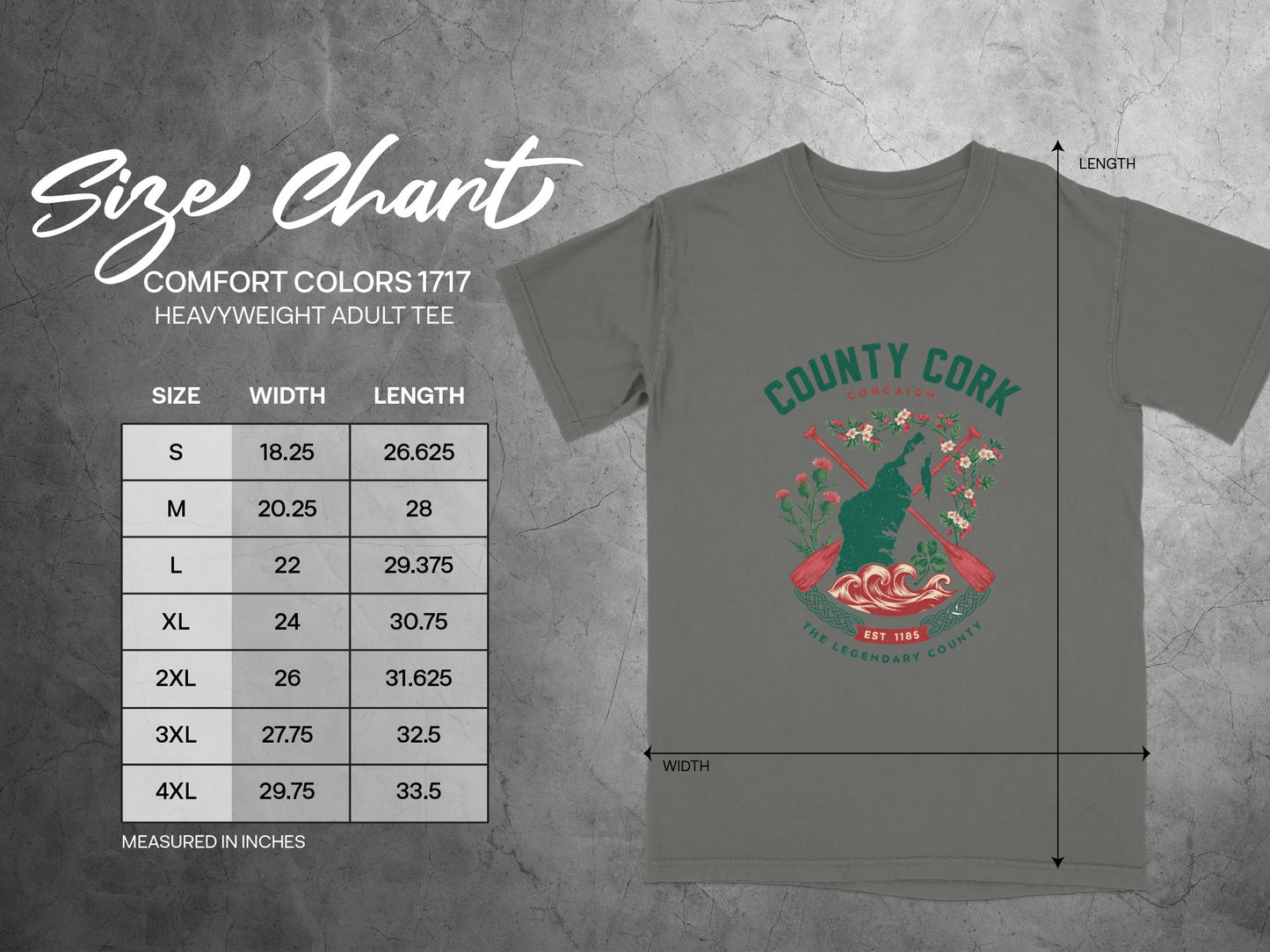Comfort Colors 1717 heavyweight adult tee size chart with width and length measurements in inches.