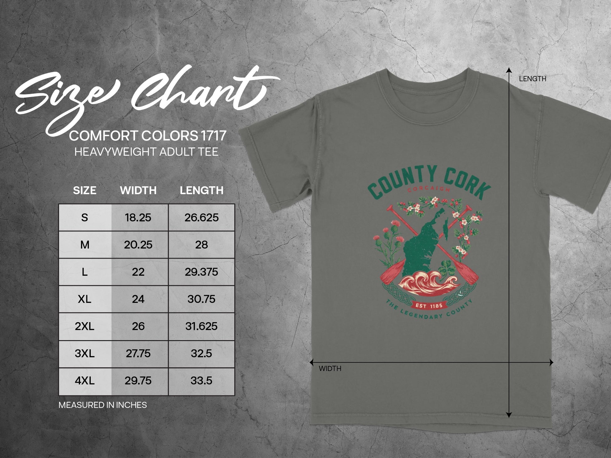 Comfort Colors 1717 heavyweight adult tee size chart with width and length measurements in inches.