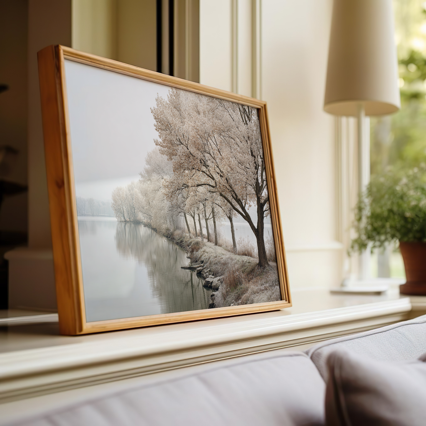 Serene Tree-Lined Riverbank Landscape Wall Art