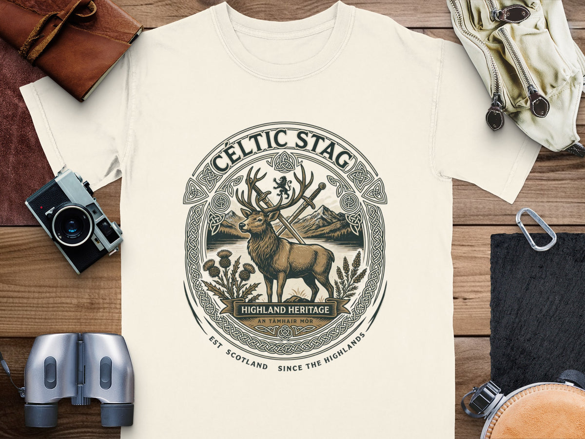 Celtic Stag t-shirt design with a stag, swords, mountains, thistles, and text.