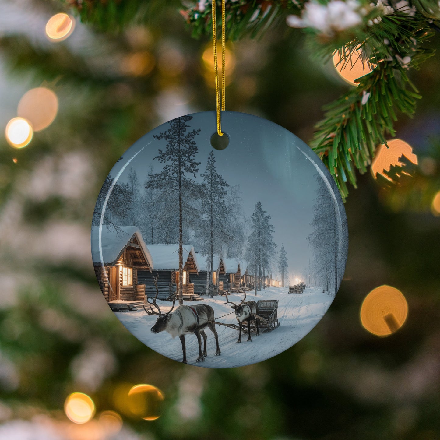 Festive Reindeer Sleigh in Winter Village Scene Ornament