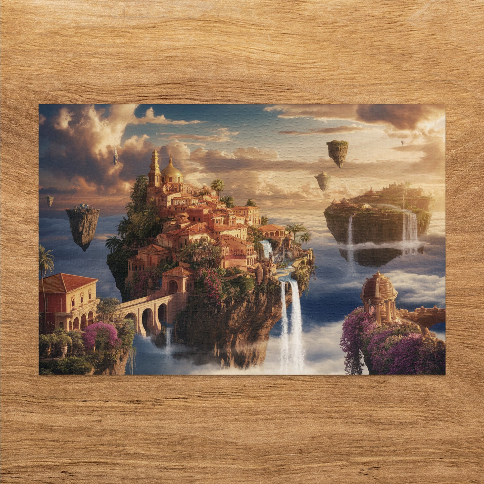 Fantasy floating islands with waterfalls and a city under a cloudy sky.