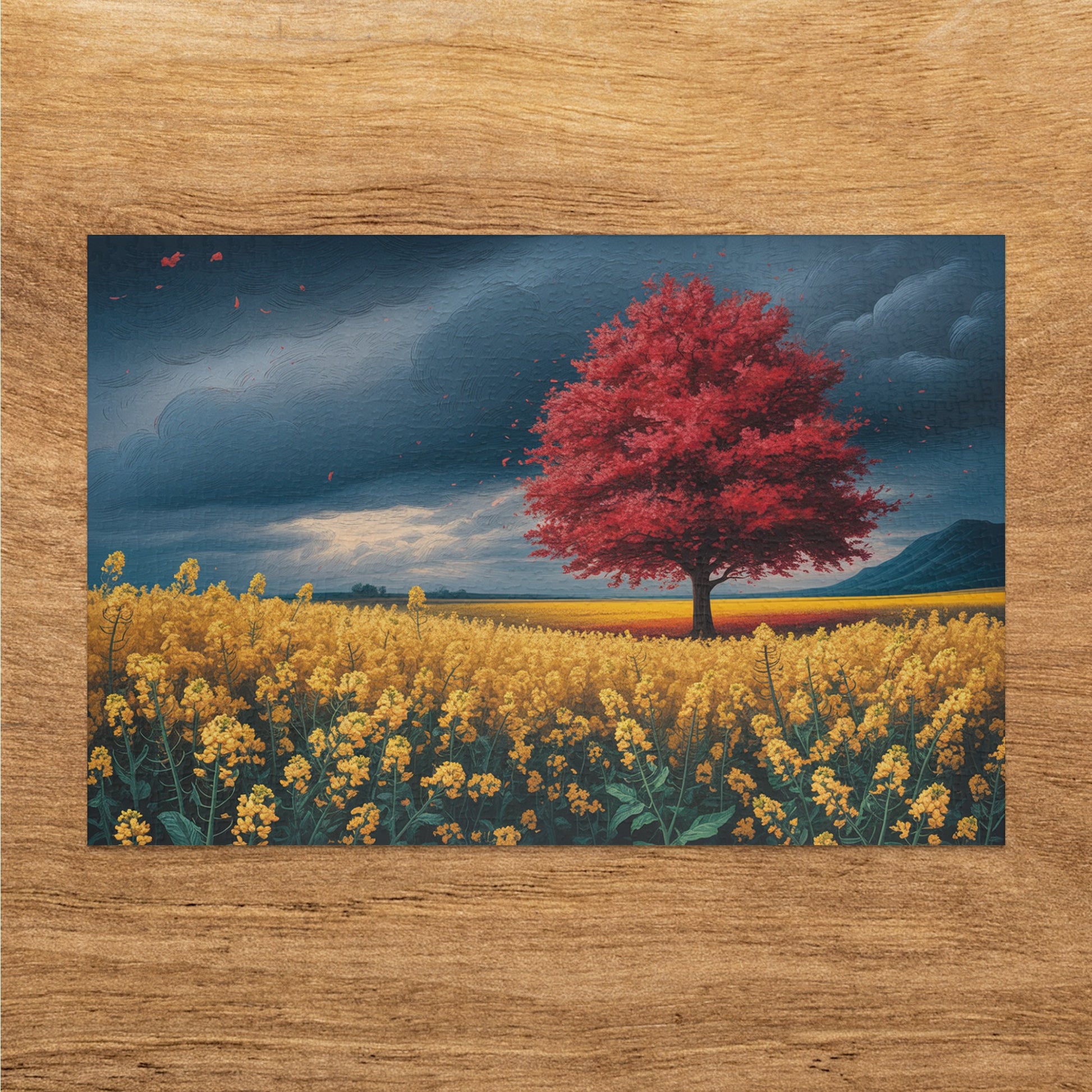 Red tree stands in a field of yellow wildflowers under a dark, cloudy sky.