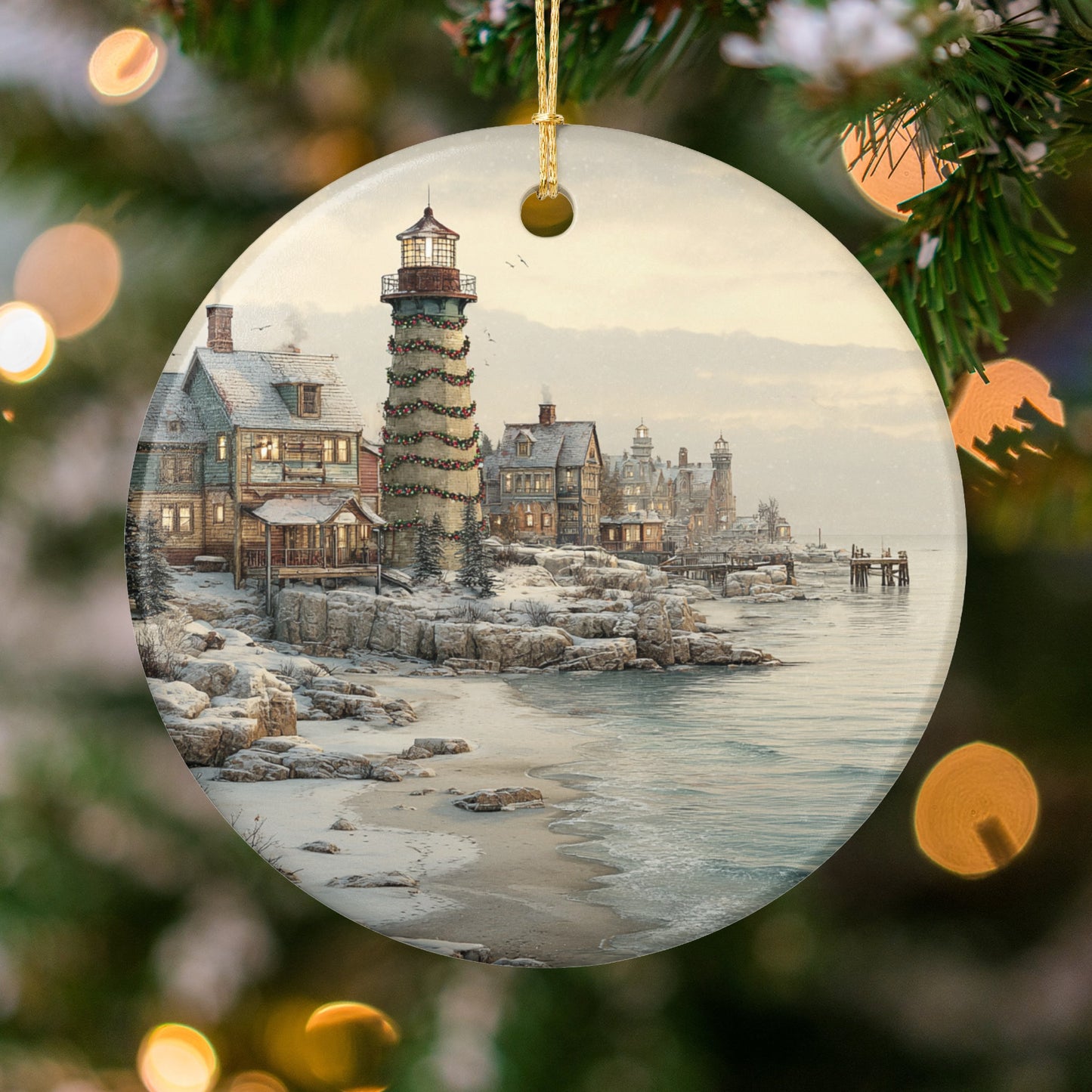 Christmas Village at Seaside Lighthouse Ornament