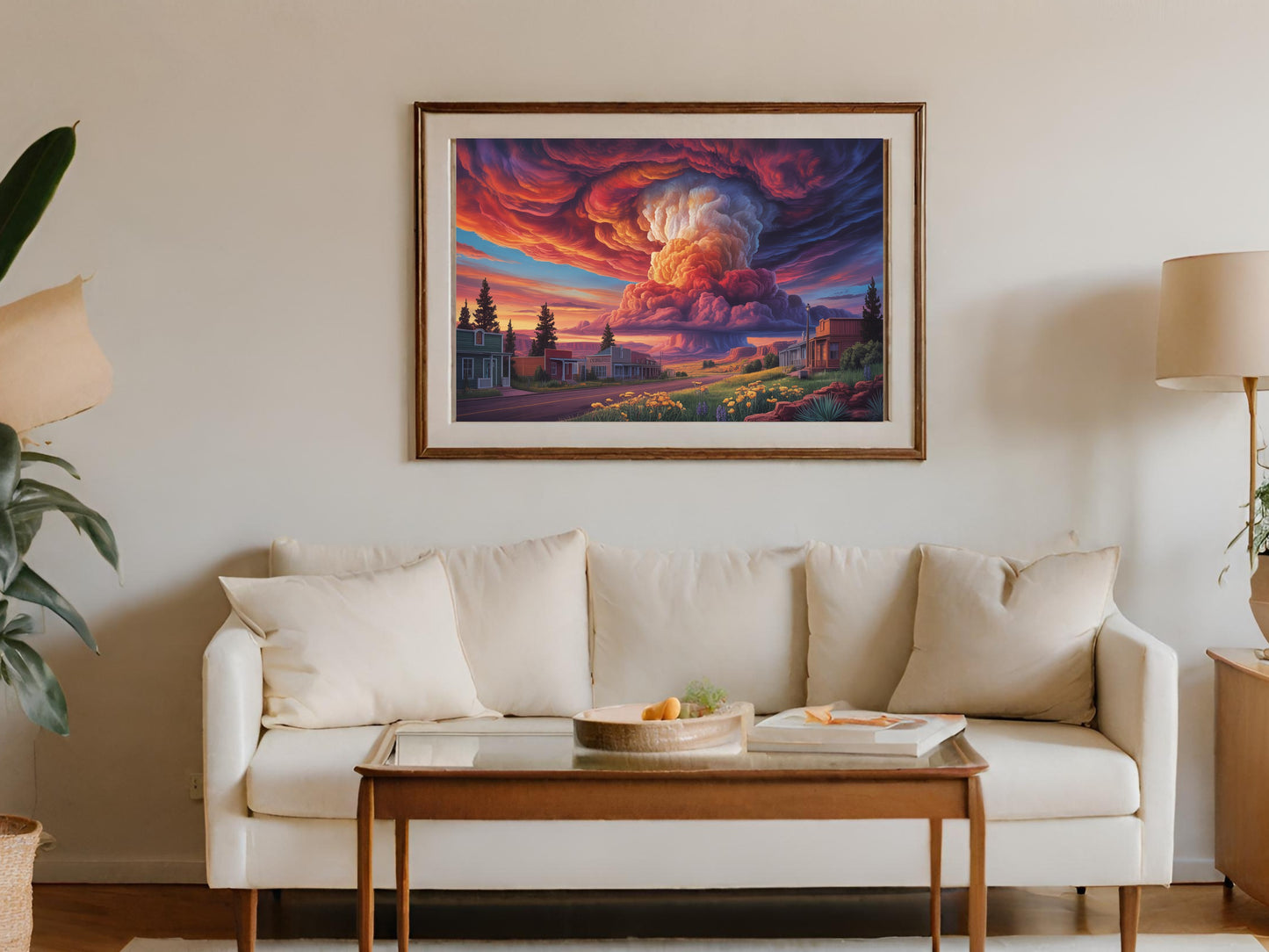Painting of mushroom cloud over desert town at sunset, framed.