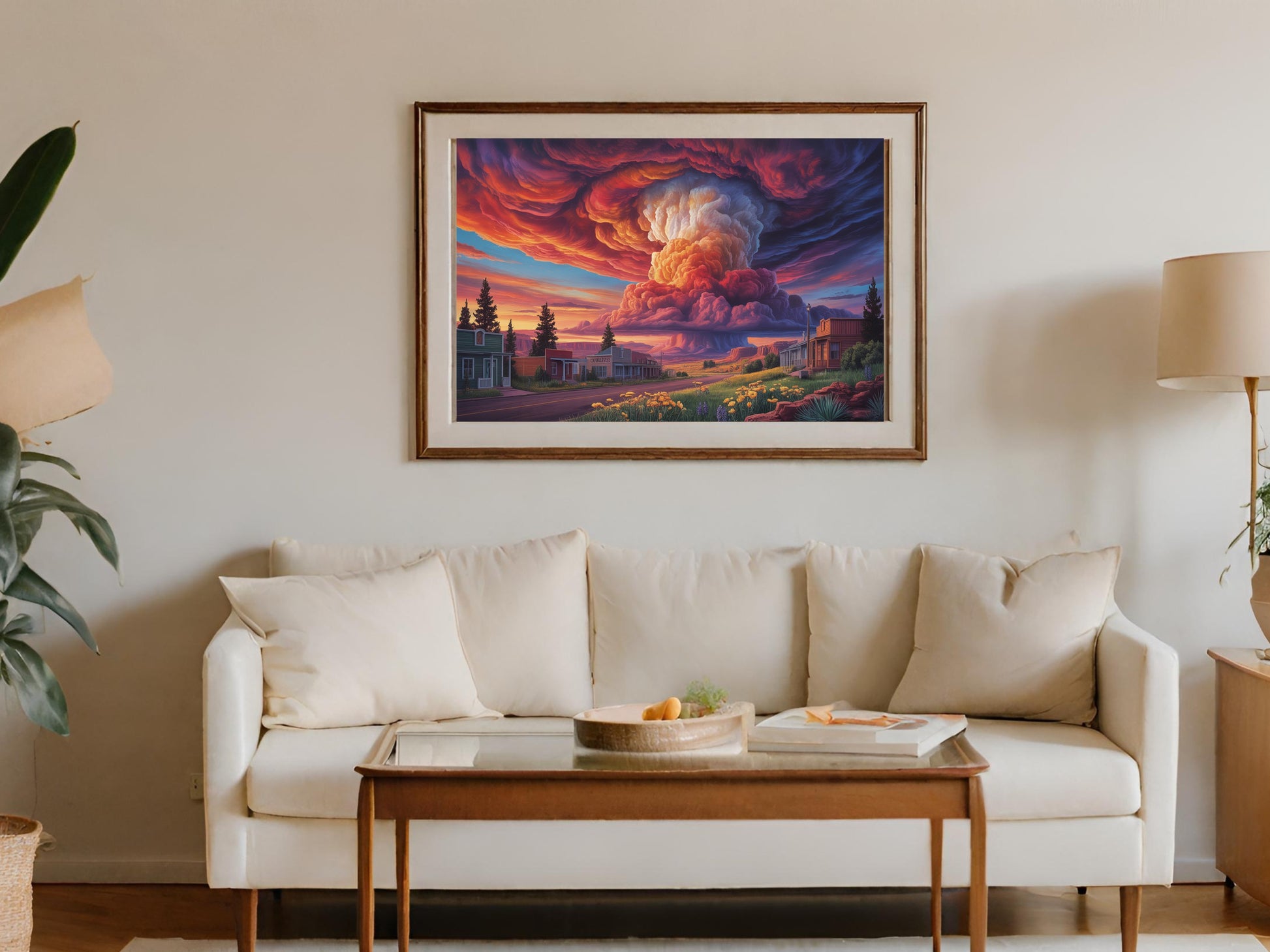 Painting of mushroom cloud over desert town at sunset, framed.