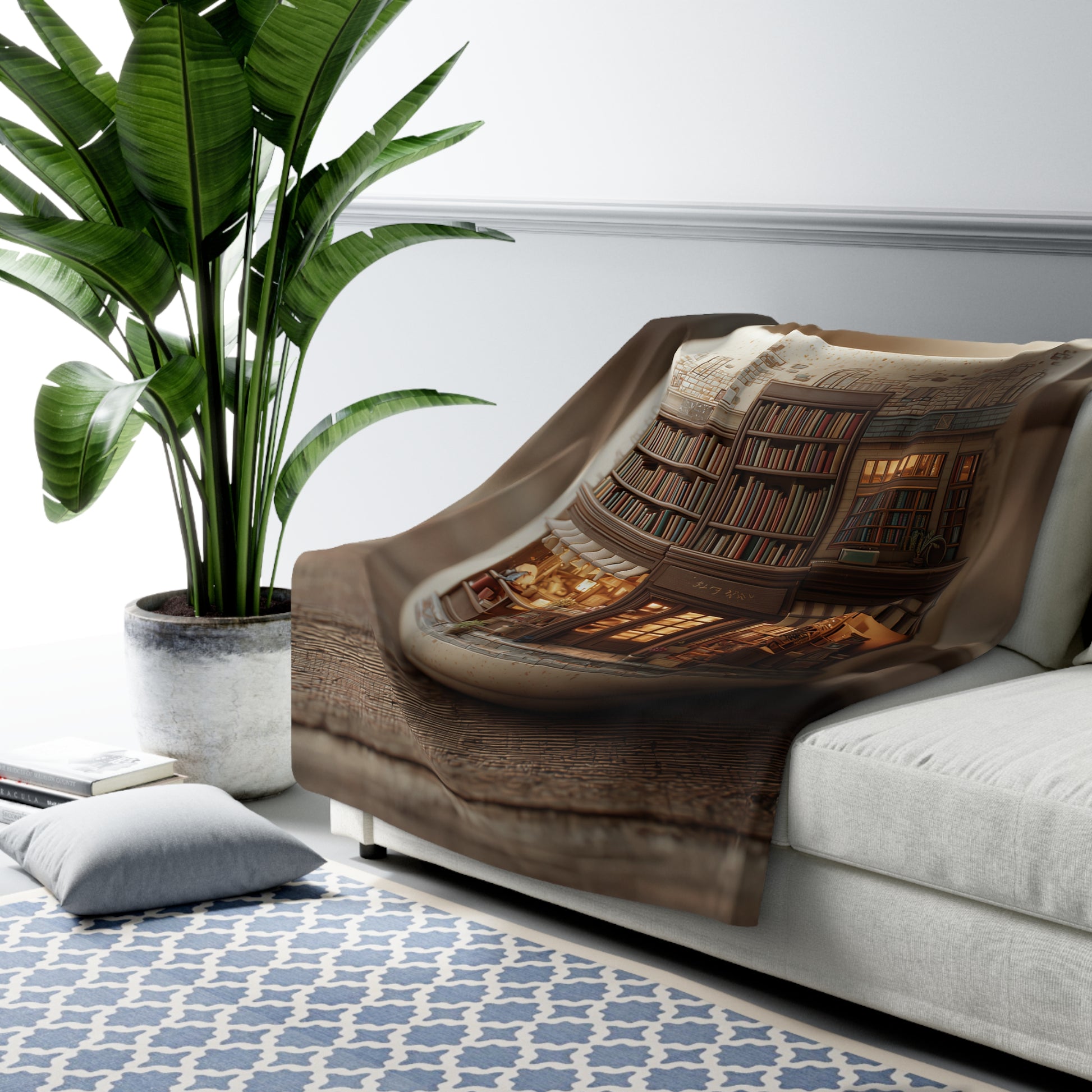 Cozy Bookshop Mug sherpa fleece blanket — warm reading nook throw, book lover gift, literary home decor