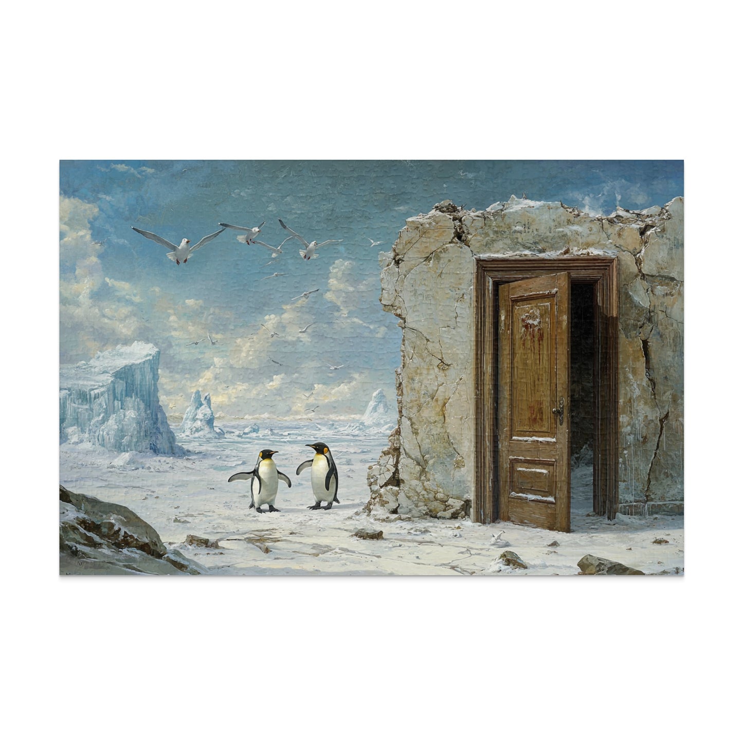 Winterscape with Penguins Near Old Doorway Wall Décor